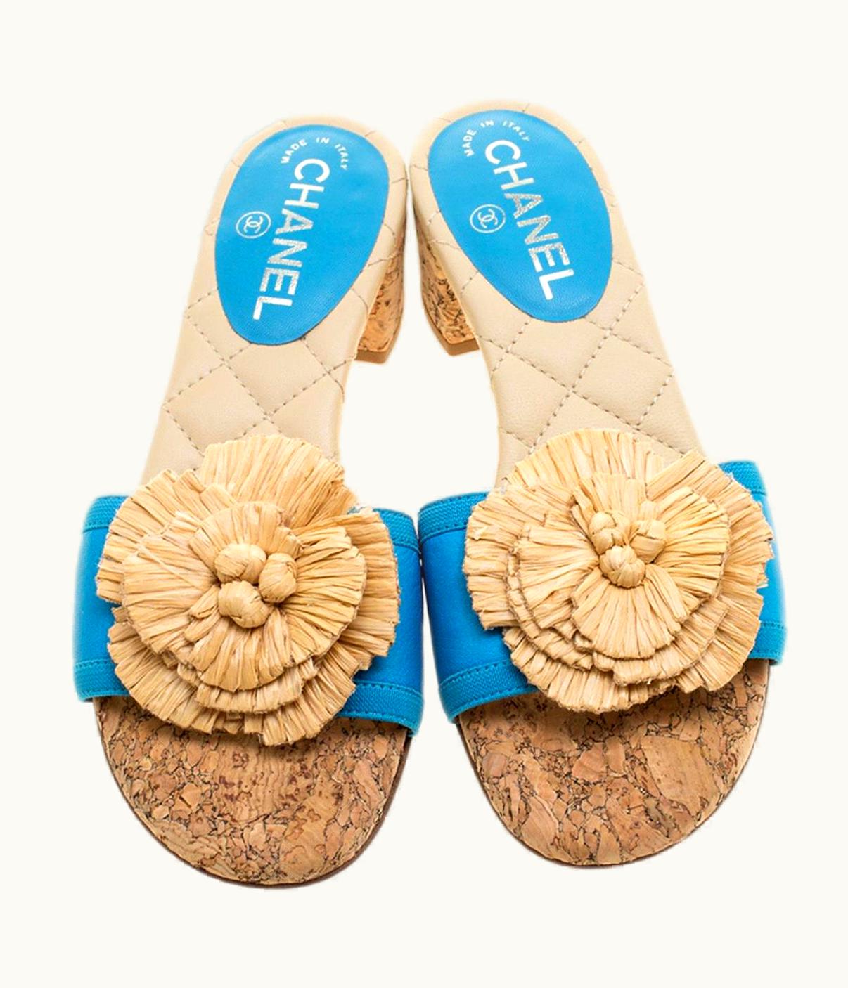 Chanel Chanel Turquoise Cork Camellia Straw Details Slide Sandals Heels Cc Logo