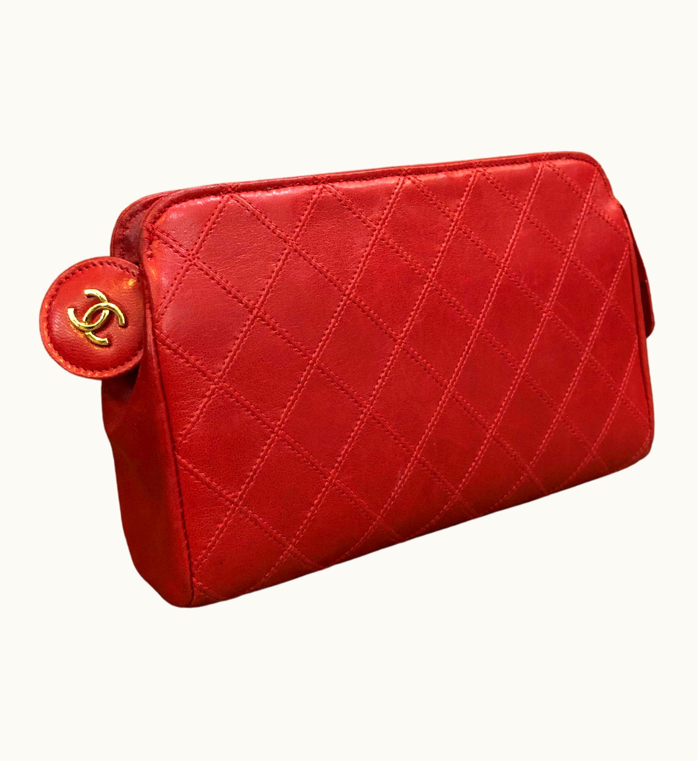 Chanel Vintage Chanel Red Quilted Lambskin Leather Pouch Bag Clutch (Altered)
