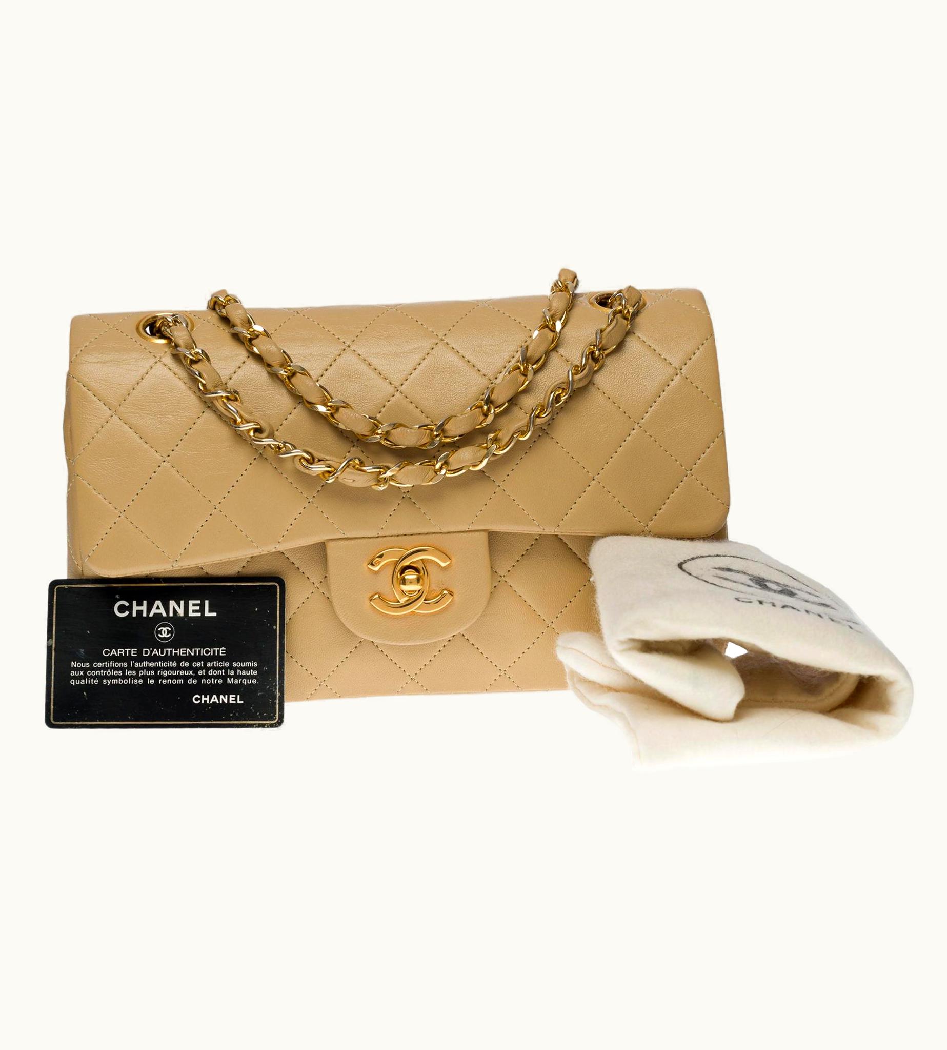 Chanel Chanel Timeless 23 Cm Double Flap Shoulder Bag In Beige Quilted Lambskin, Ghw