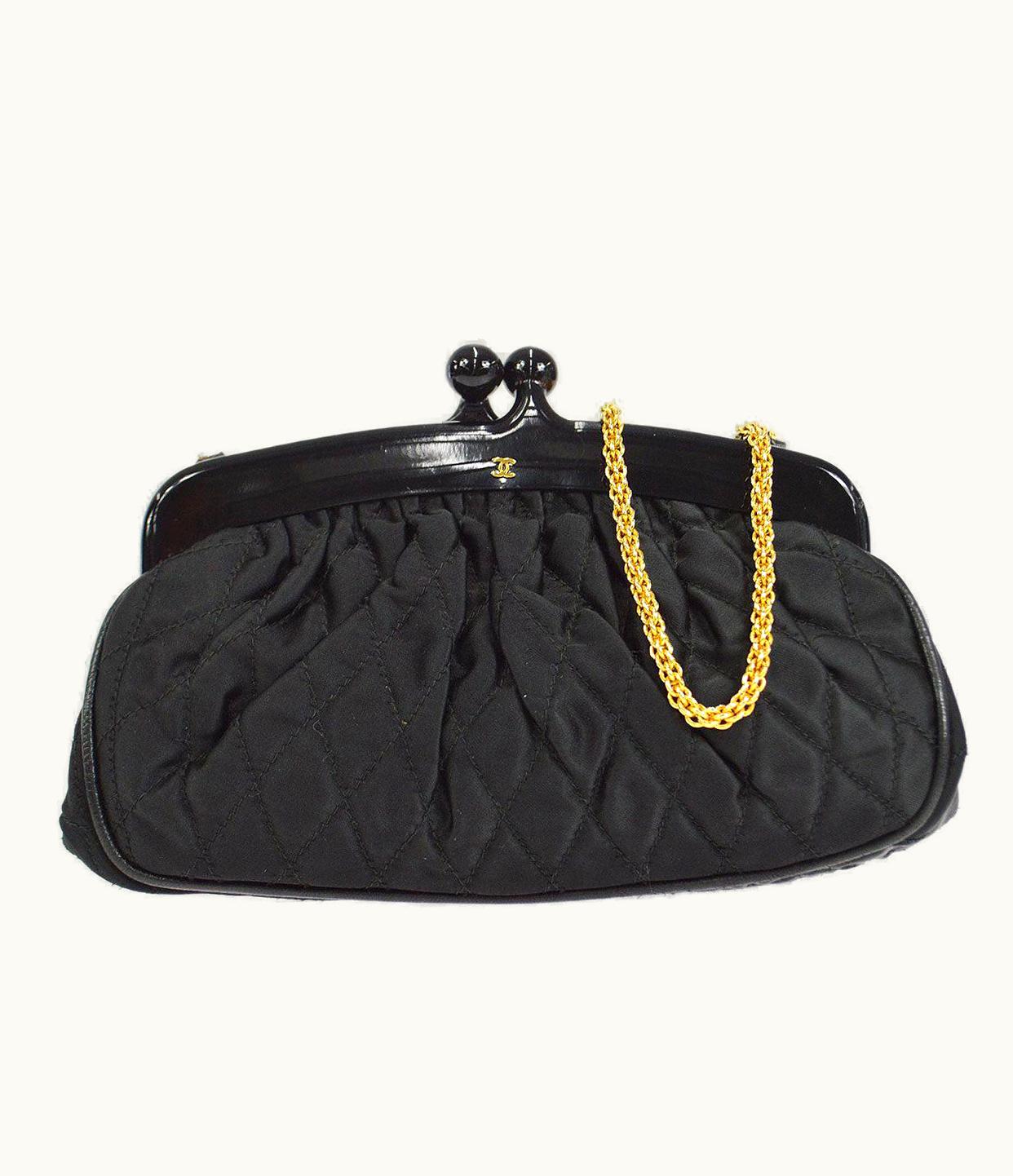 Chanel Chanel Black Satin Gold Small Mini Evening Kisslock Shoulder Clutch Bag