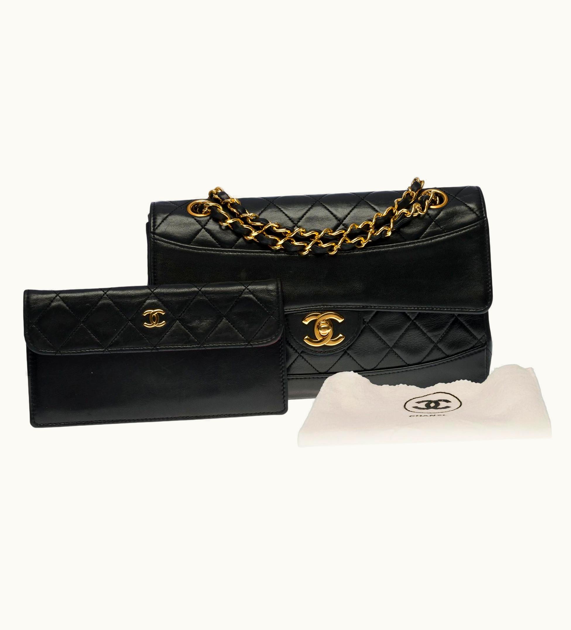 Chanel Rare Chanel Classic Flap Shoulder Bag In Black Quilted Lambskin With Pouch, Ghw