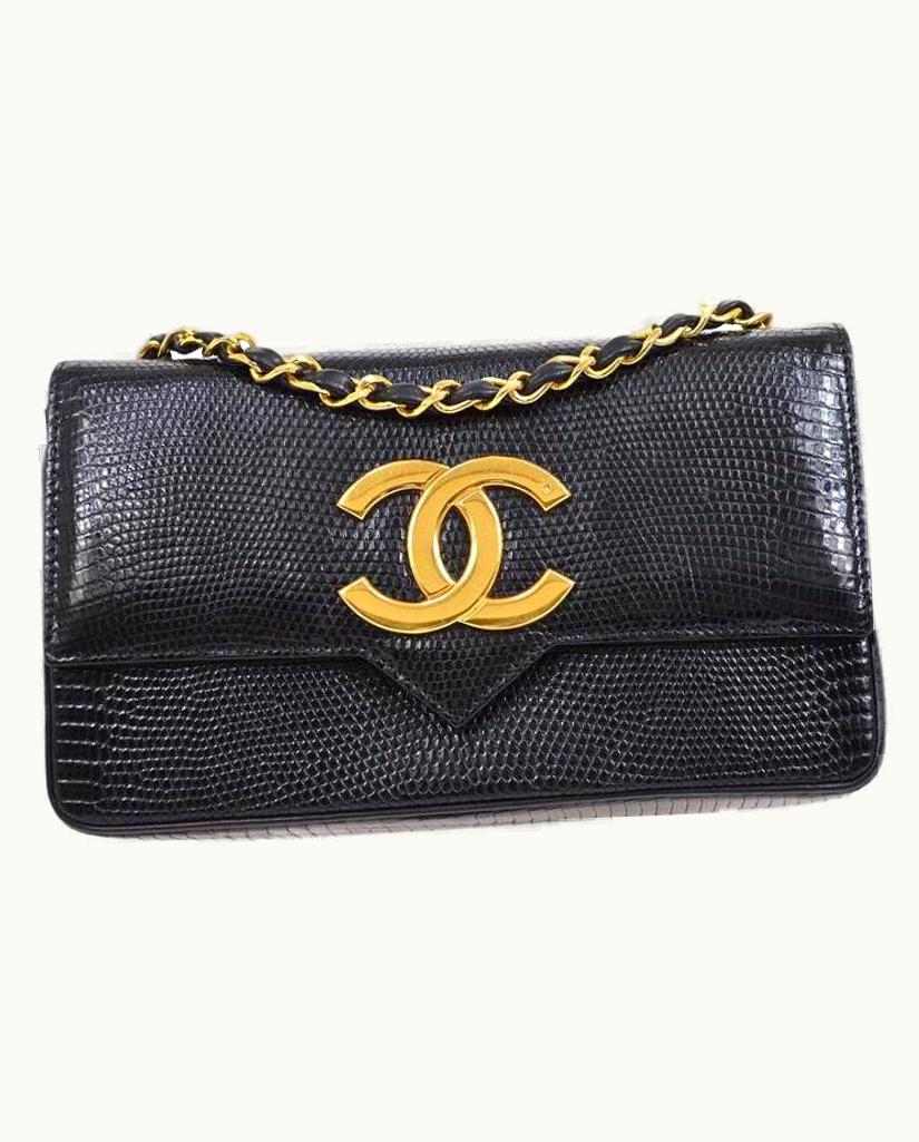 Chanel Chanel Cc Black Lizard Exotic Leather Gold Small Party Flap Shoulder Flap Bag