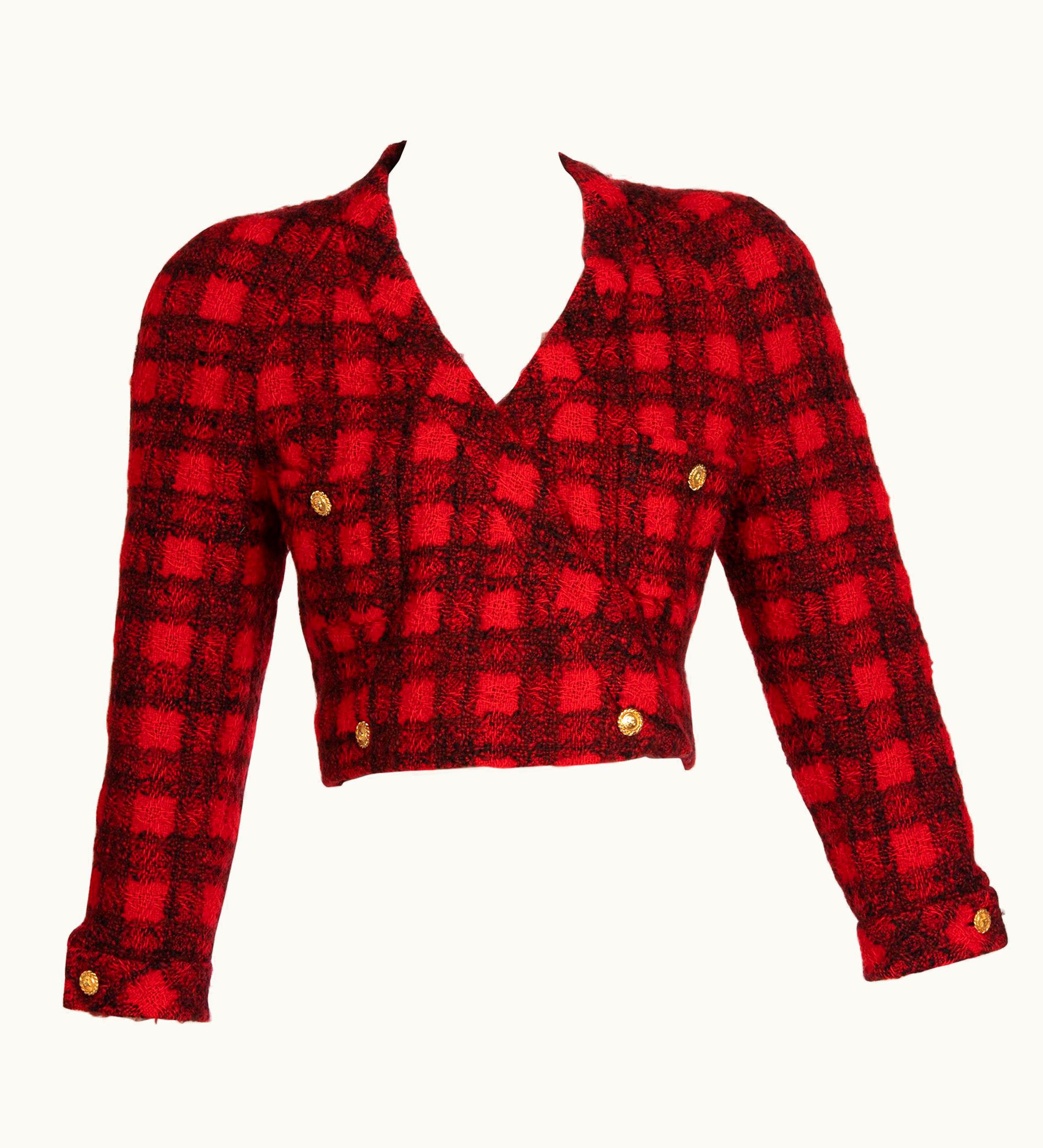 Chanel Chanel Black Red Plaid Cropped Wool Jacket Runway 1988