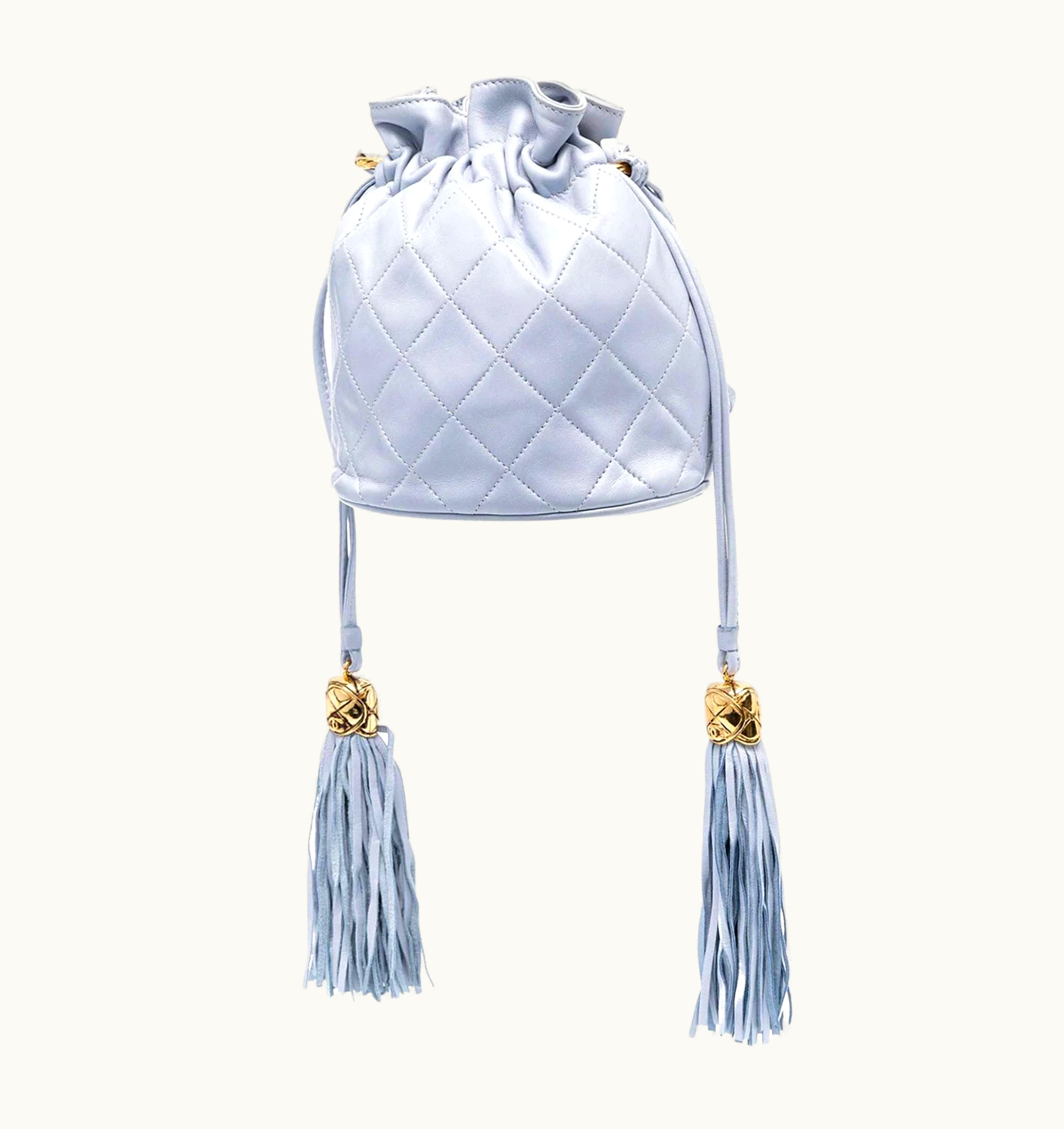 Chanel Chanel Drawstring Bucket Quilted Two Tone Light Blue Lambskin Leather Hobo Bag