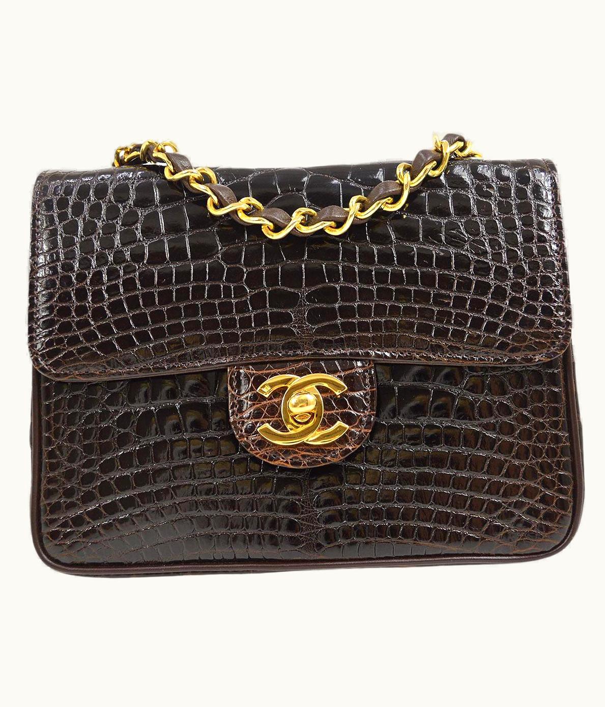 Chanel Chanel Dark Brown Chocolate Crocodile Exotic Gold Small Square Shoulder Flap Bag