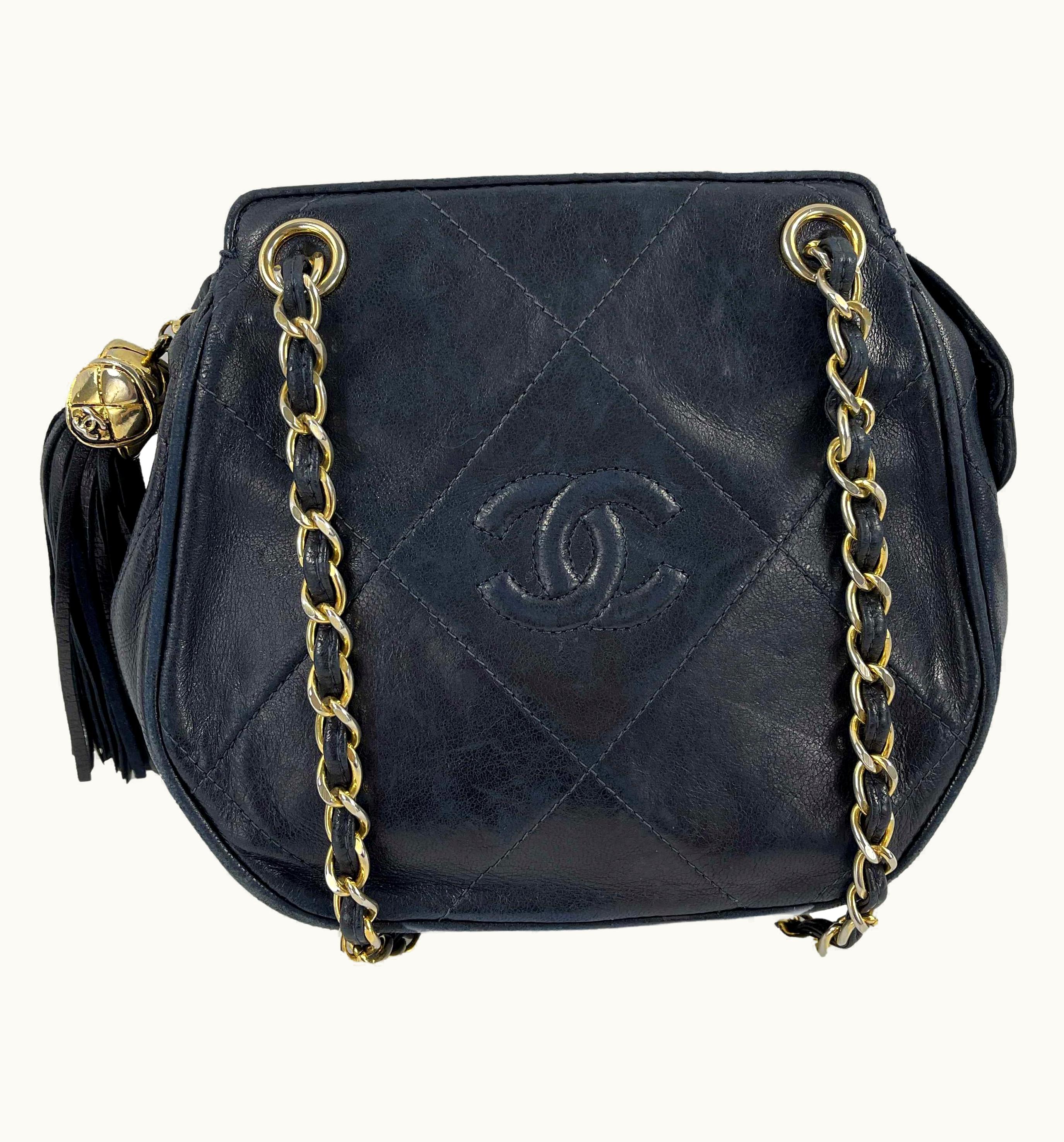 Chanel CHANEL-Vintage 80s 90s Navy Cc Tassel Mini Diamond Quilted Leather Crossbody