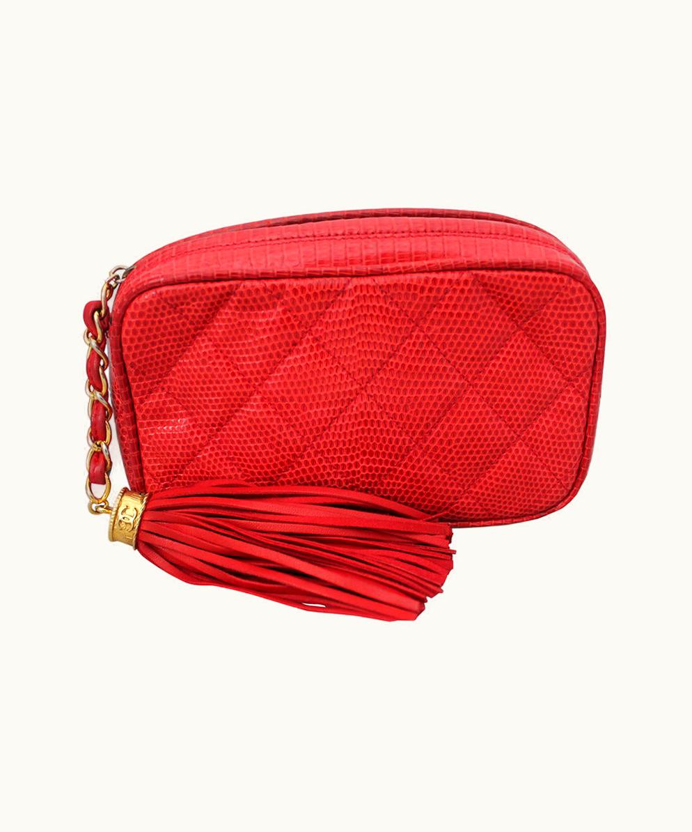 Chanel Chanel 1989 Vintage Quilted Red Lizard Clutch With Tassle Ghw