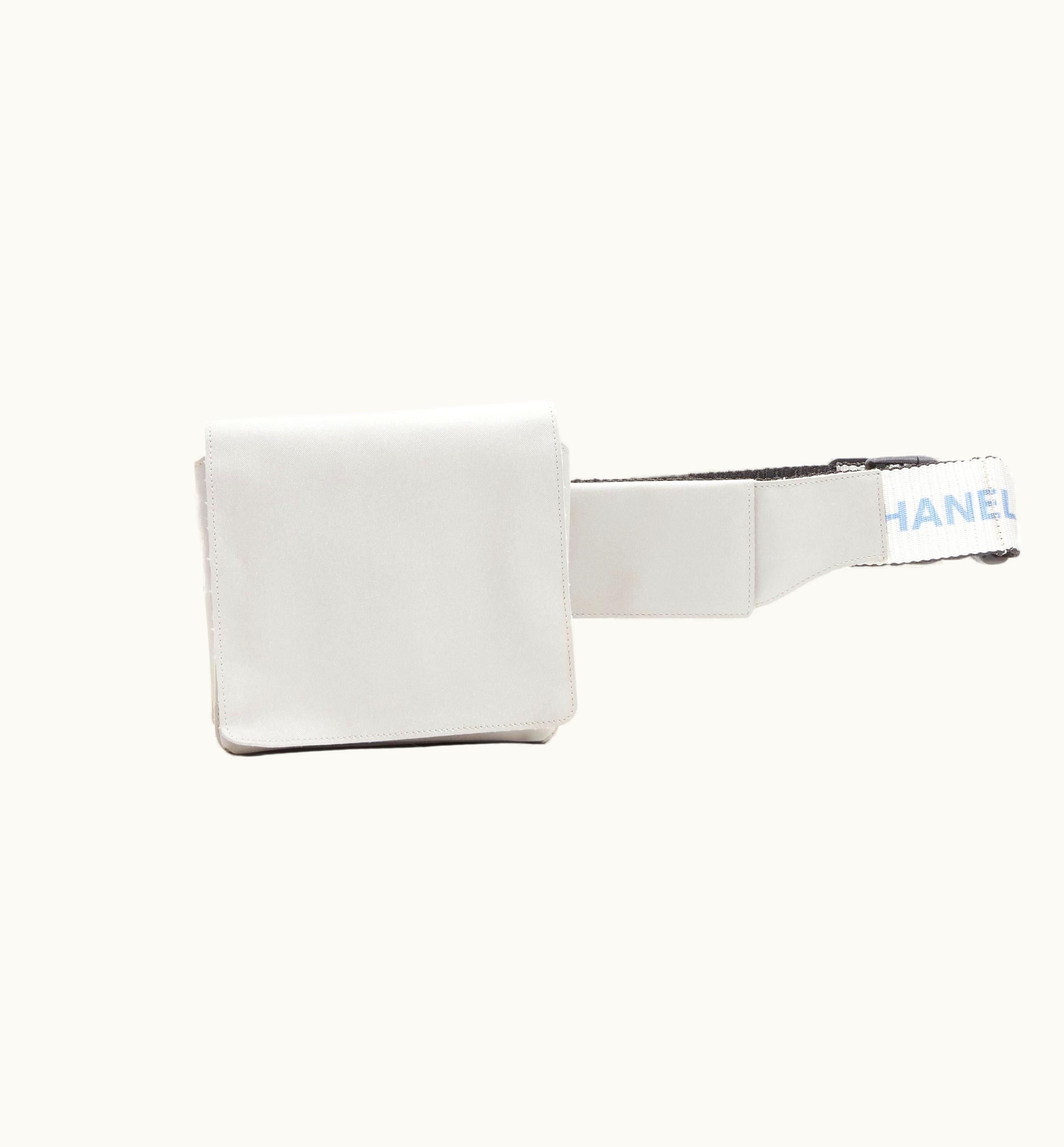 Chanel Chanel 1990' Vintage Silver Nylon Logo Strap Cc Buckle Square Flap Waist Bag