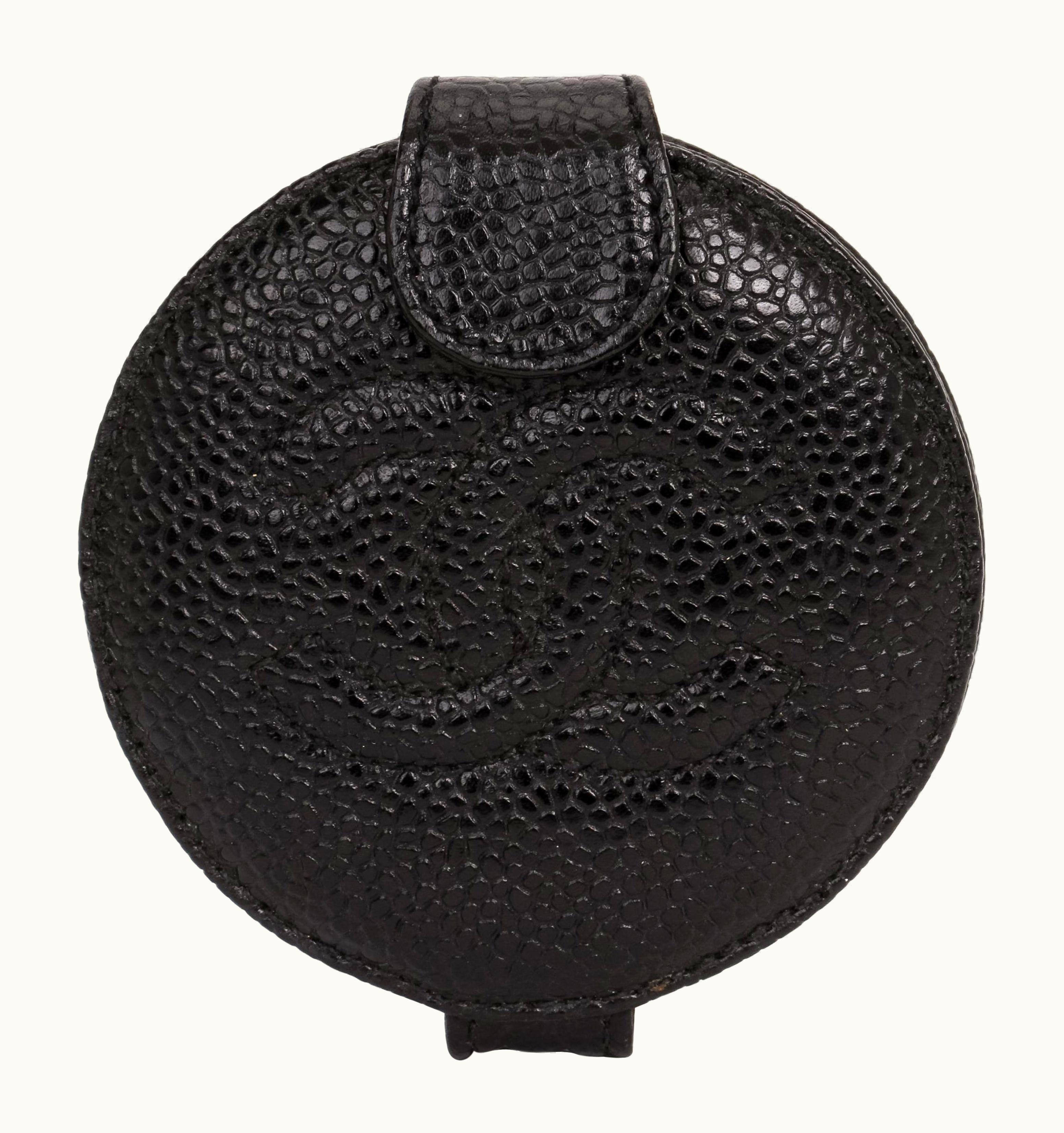 Chanel 1990' Vintage Chanel Black Caviar Leather Compact Mirror