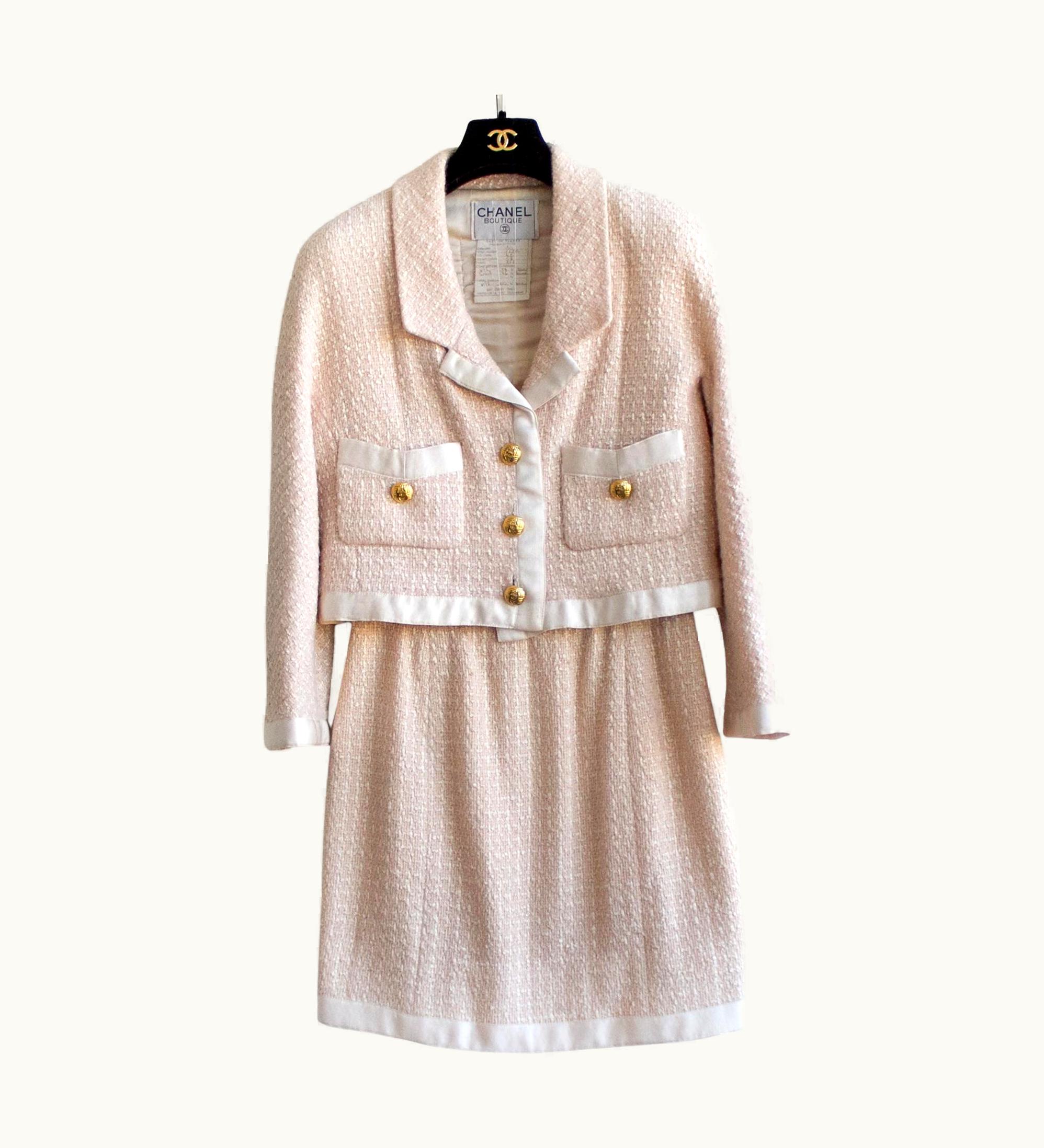 Chanel Chanel Vintage Spring 1990 Pink White Satin Tweed Cropped Jacket Skirt Suit