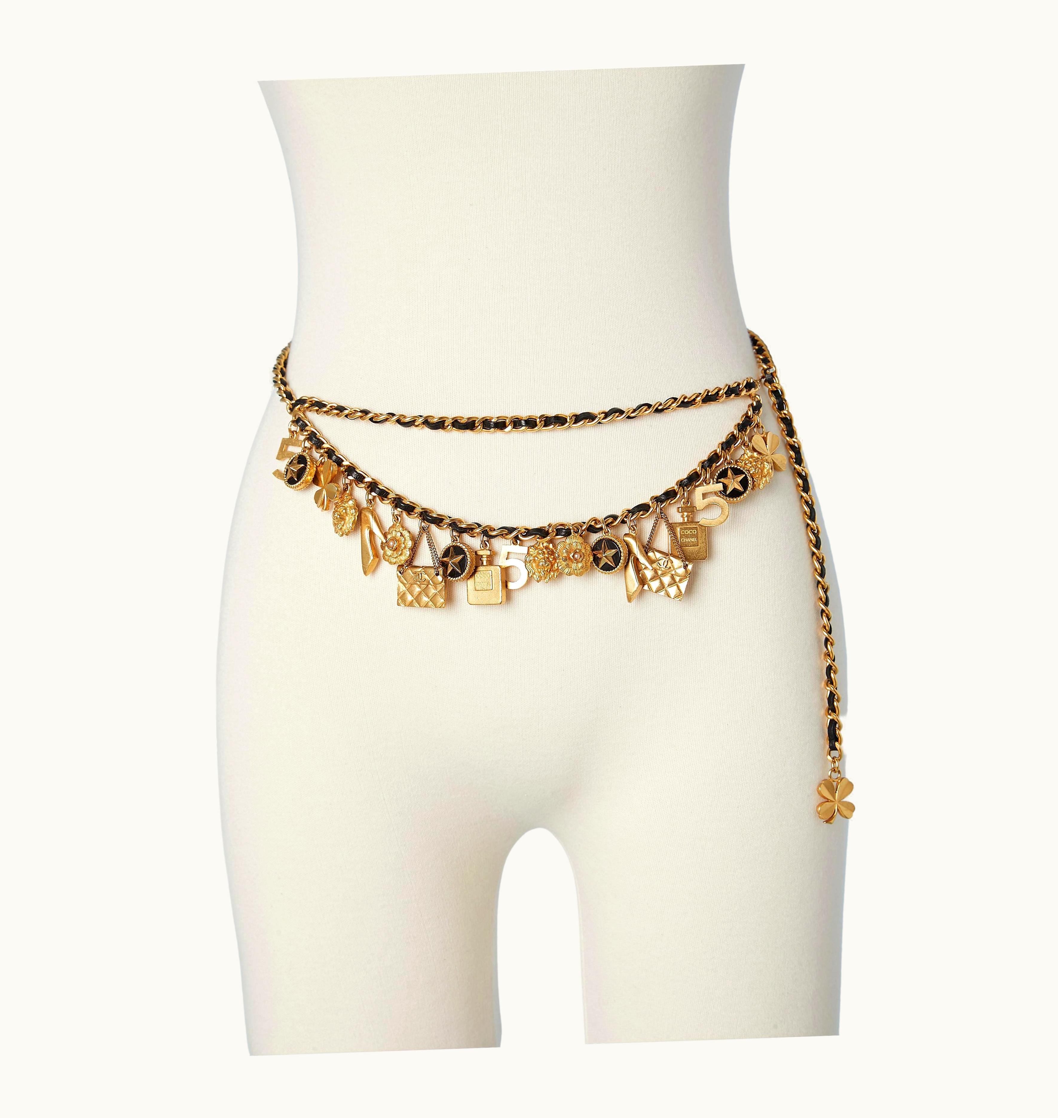 Chanel Iconic Gold Metal Charm' On Chain And Black Leather Belt Chanel Circa 1990'