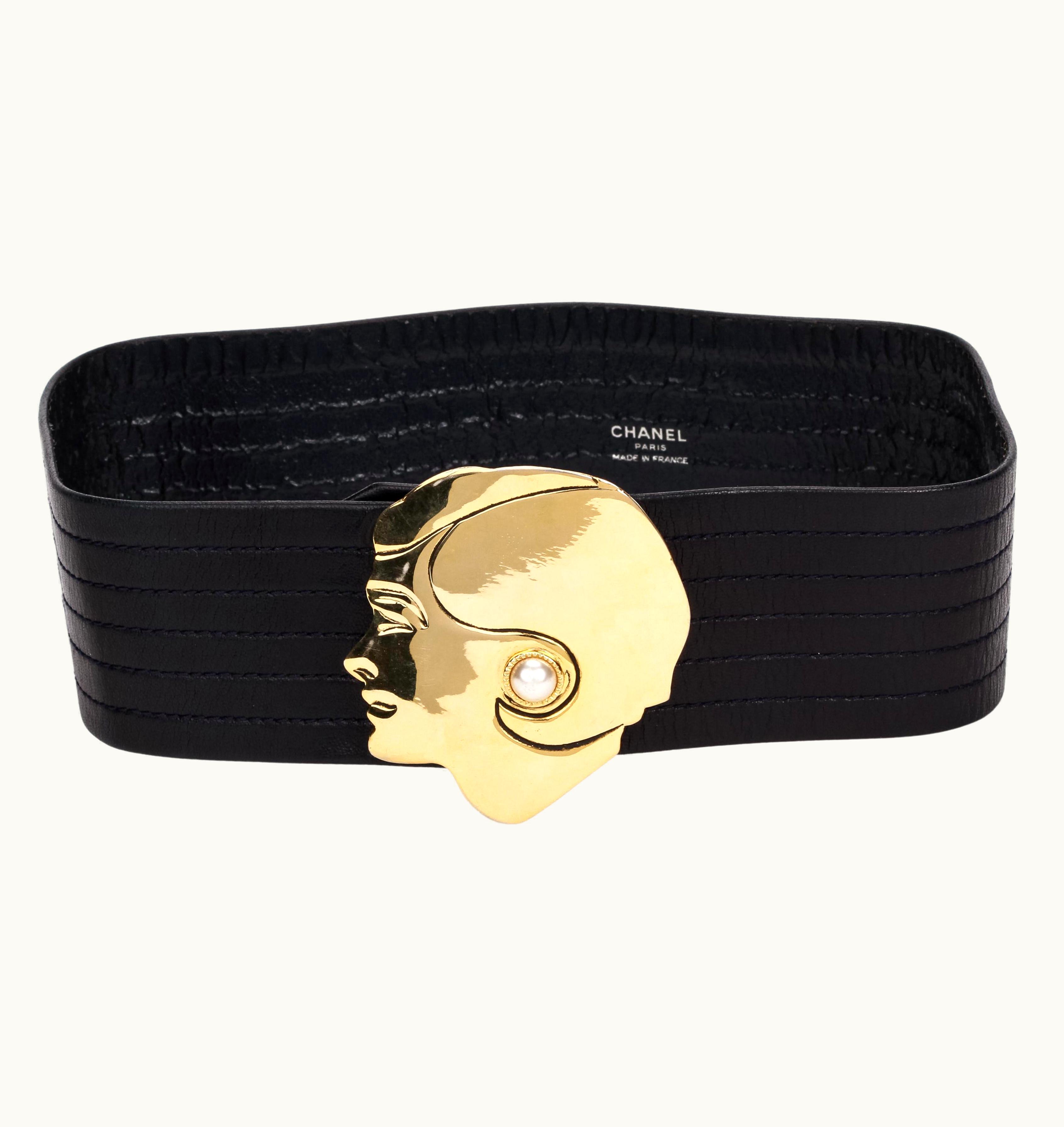 Chanel 1990' Chanel Black Leather Gold Coco Buckle Belt With Pearl 70cm