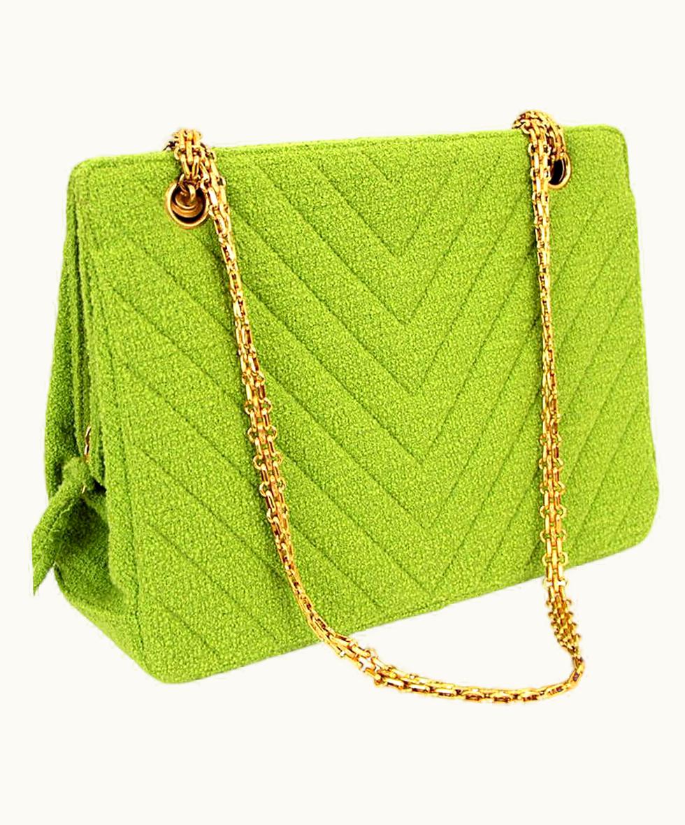 Chanel Chanel 90' Vintage 1990' Tweed Chevron Lime Green Classic Reissue Tote Bag