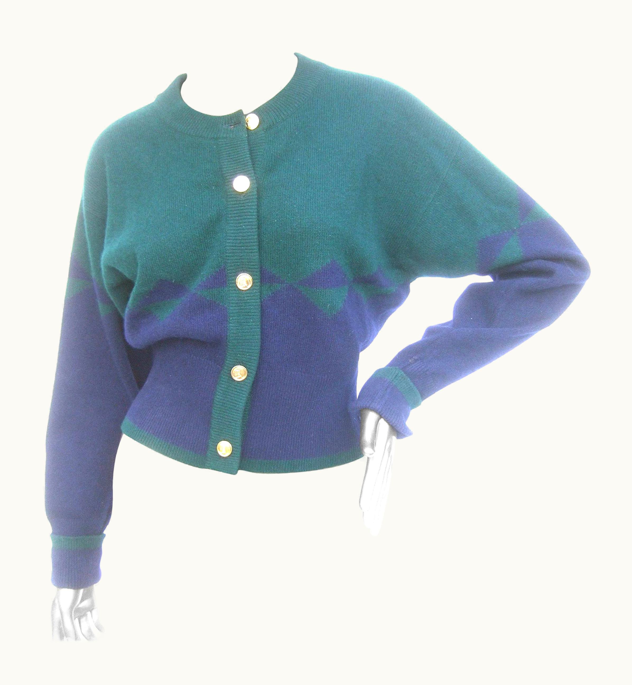 Chanel Chanel Cashmere Blue & Green Gilt Metal Logo Button Cardigan Circa 1990