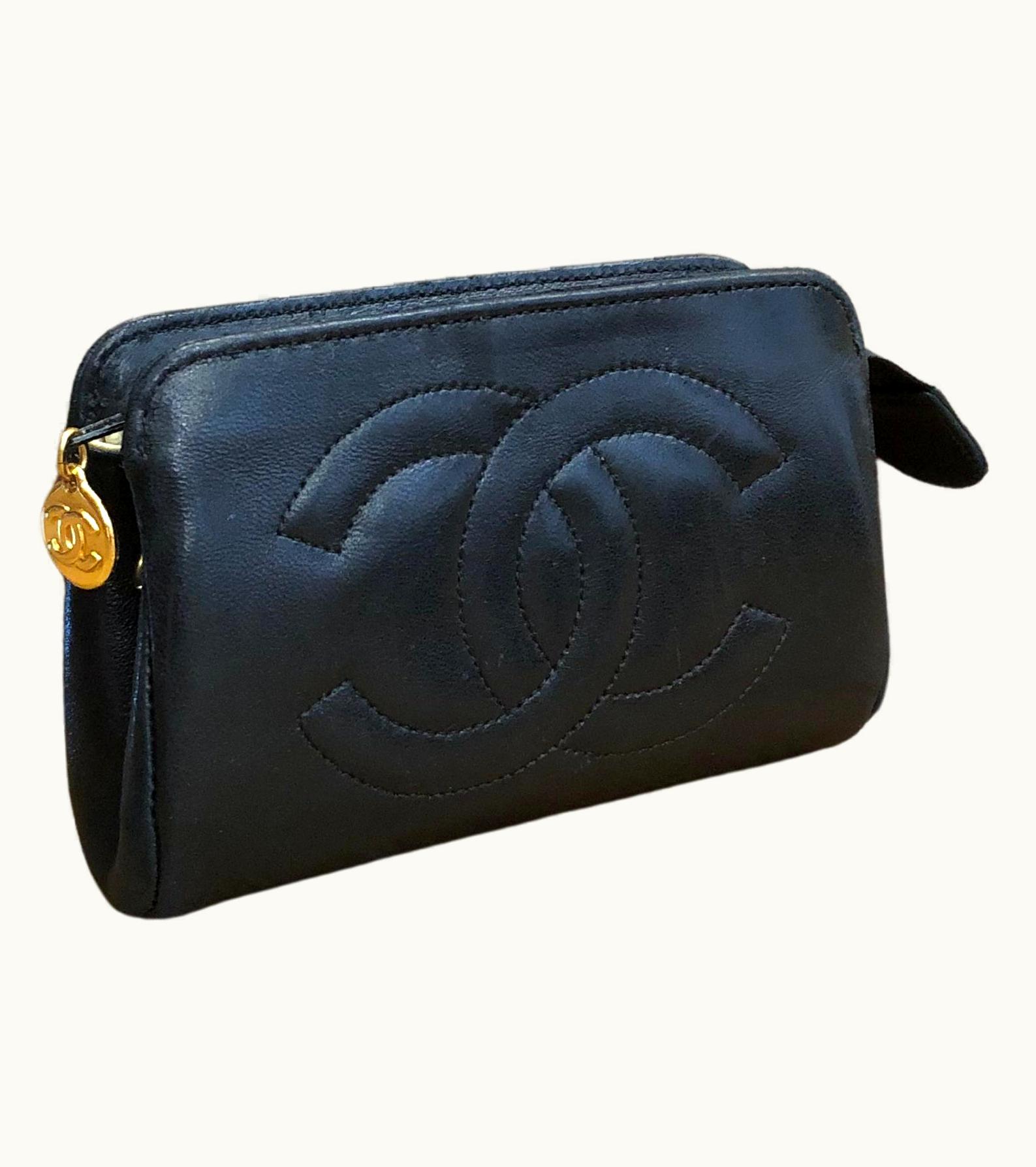 Chanel Vintage Chanel Mini Lambskin Leather Pouch Bag Black (Altered)