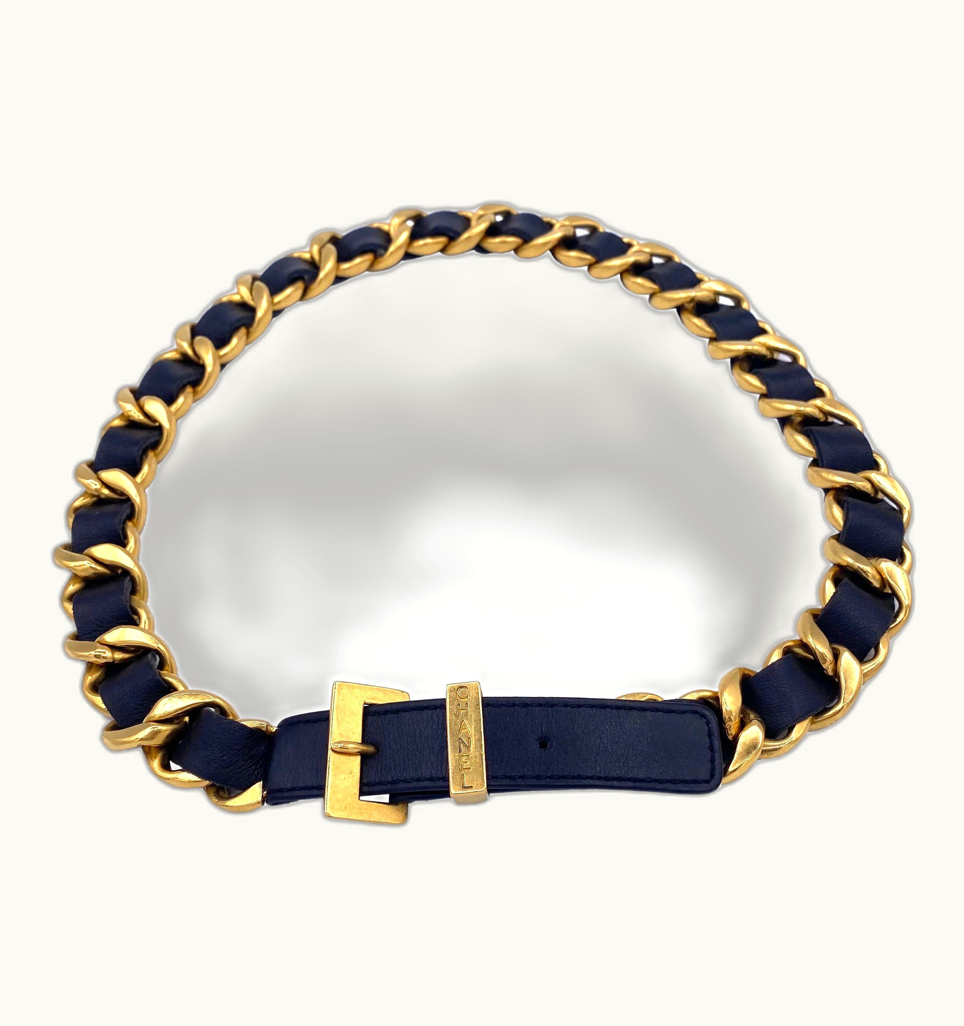 Chanel 1990s Vintage Chanel Gold Toned Chain Leather Belt