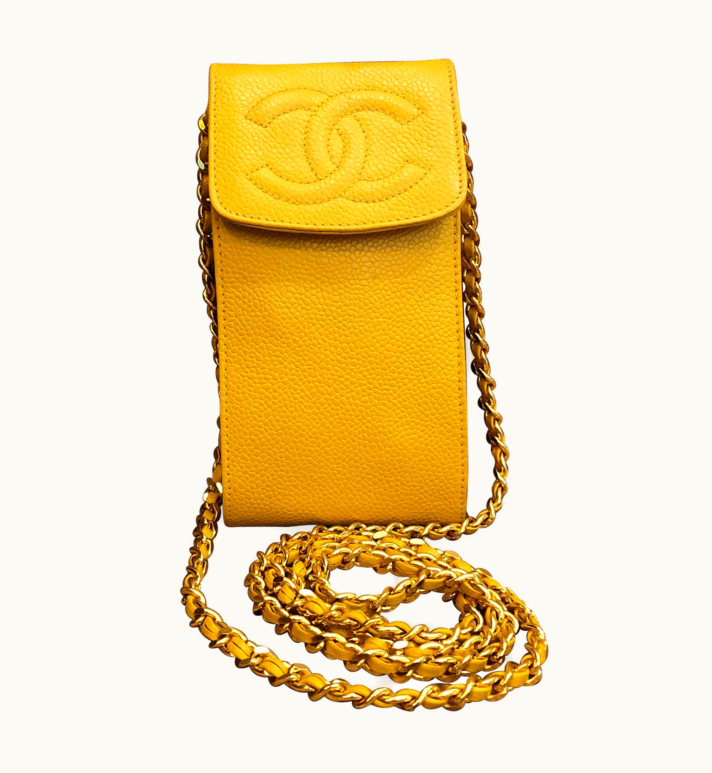 Chanel 1990s Vintage Chanel Yellow Caviar Leather Chain Pouch