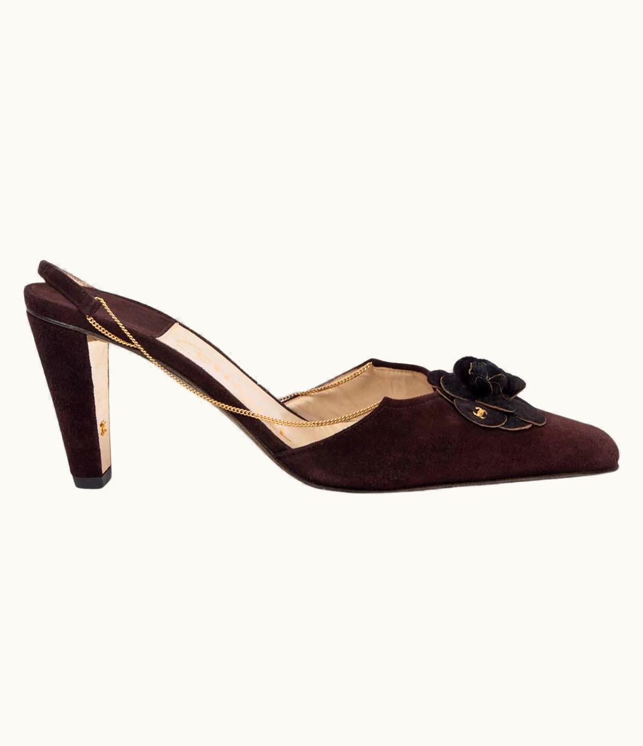 Chanel Chanel Brown Suede Chain Slingback Camellia Pumps Shoes