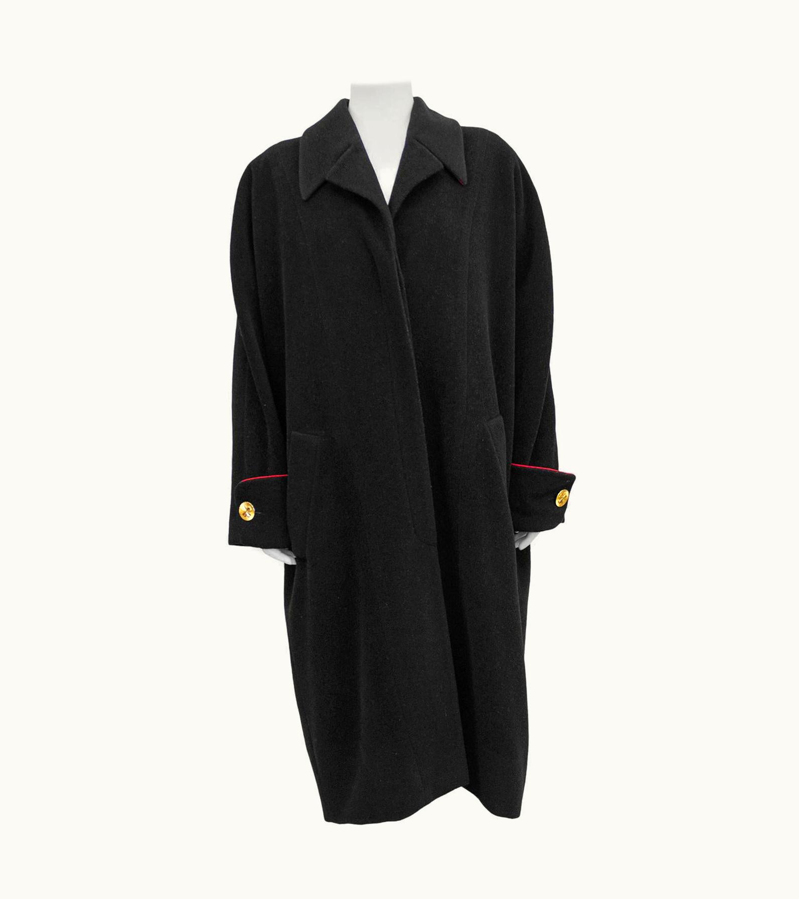 Chanel 1990s Chanel Black Wool Cocoon Coat With Red Piping