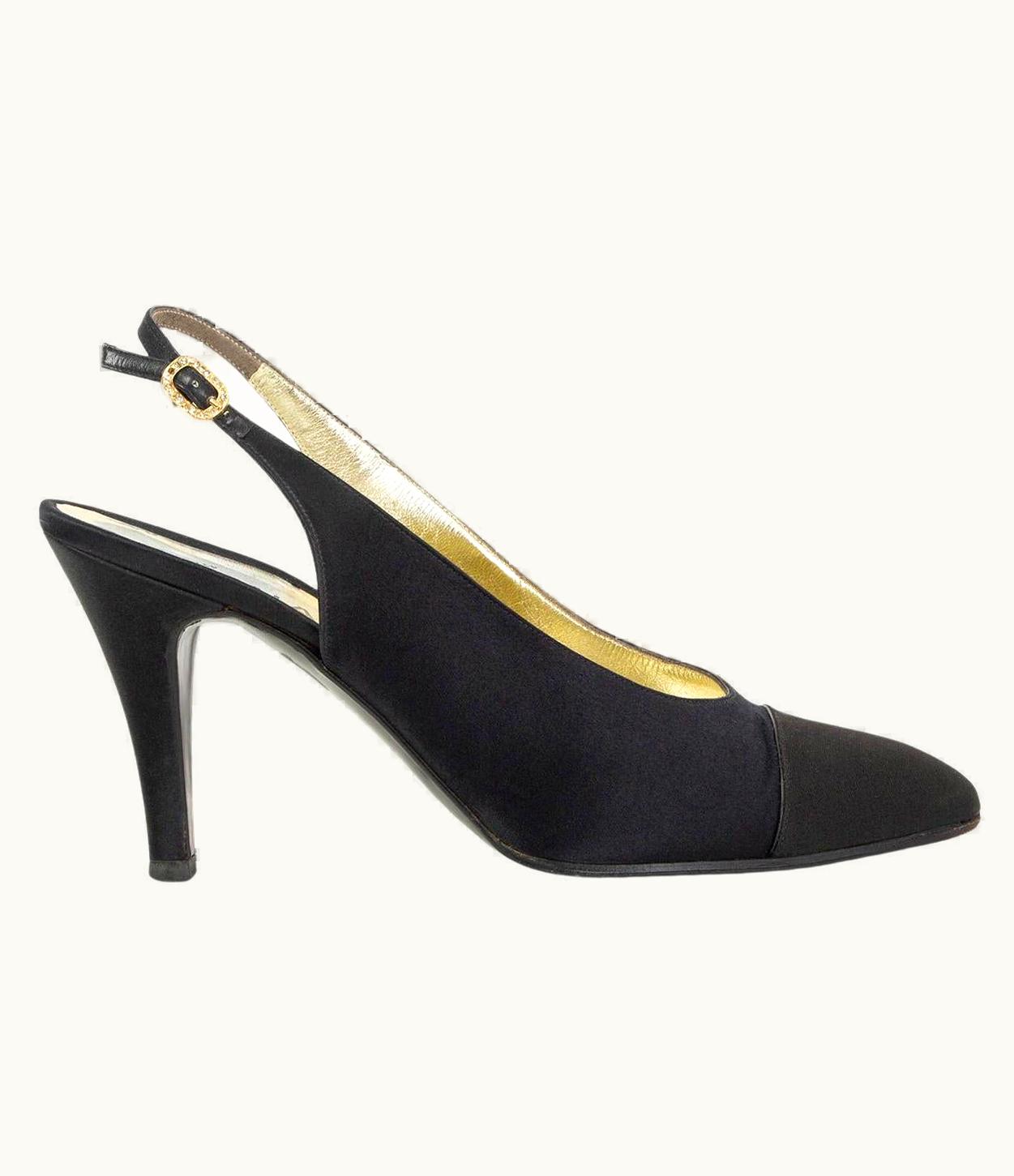 Chanel Chanel Black Satin Slingback Pumps Shoes 38 Vintage