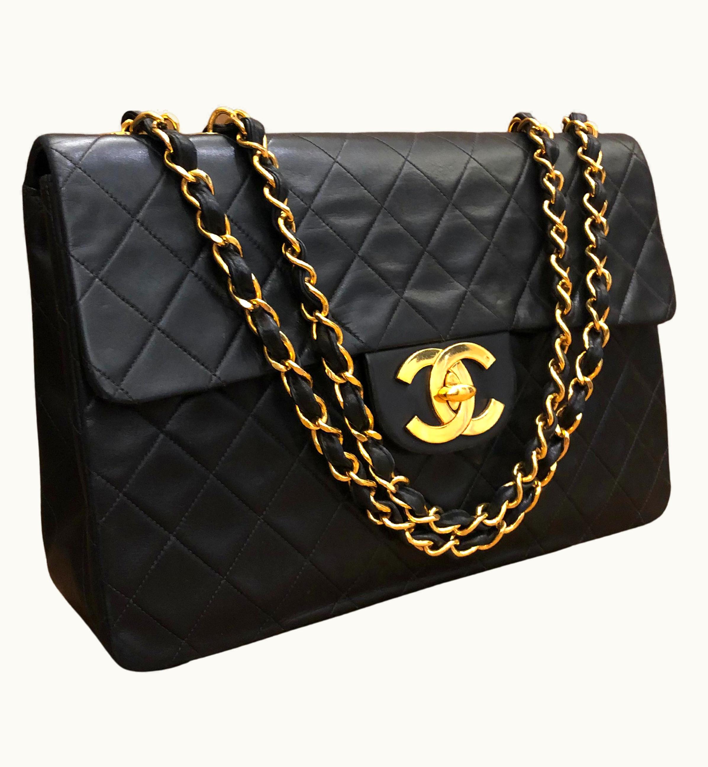 Chanel Vintage Chanel Lambskin Maxi Big Logo Classic Flap Bag Black
