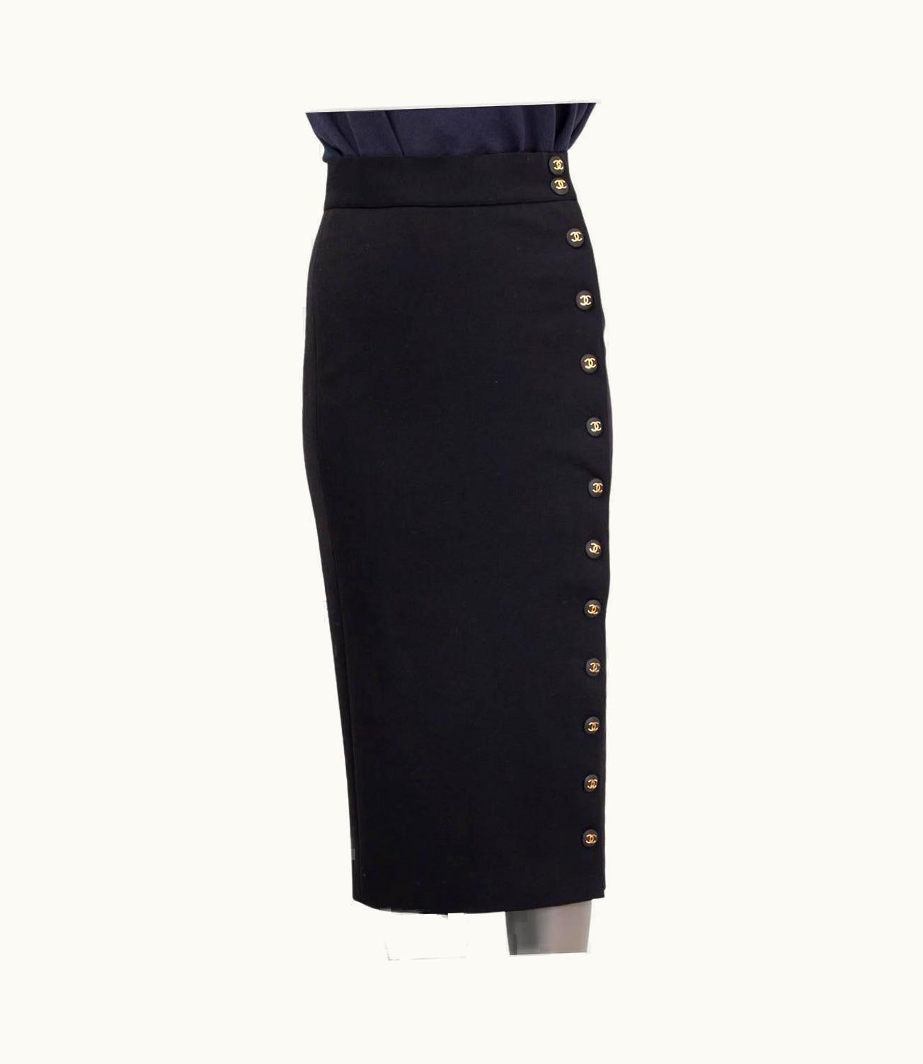 Chanel Chanel Black Wool Cc Buttoned Midi Skirt Vintage