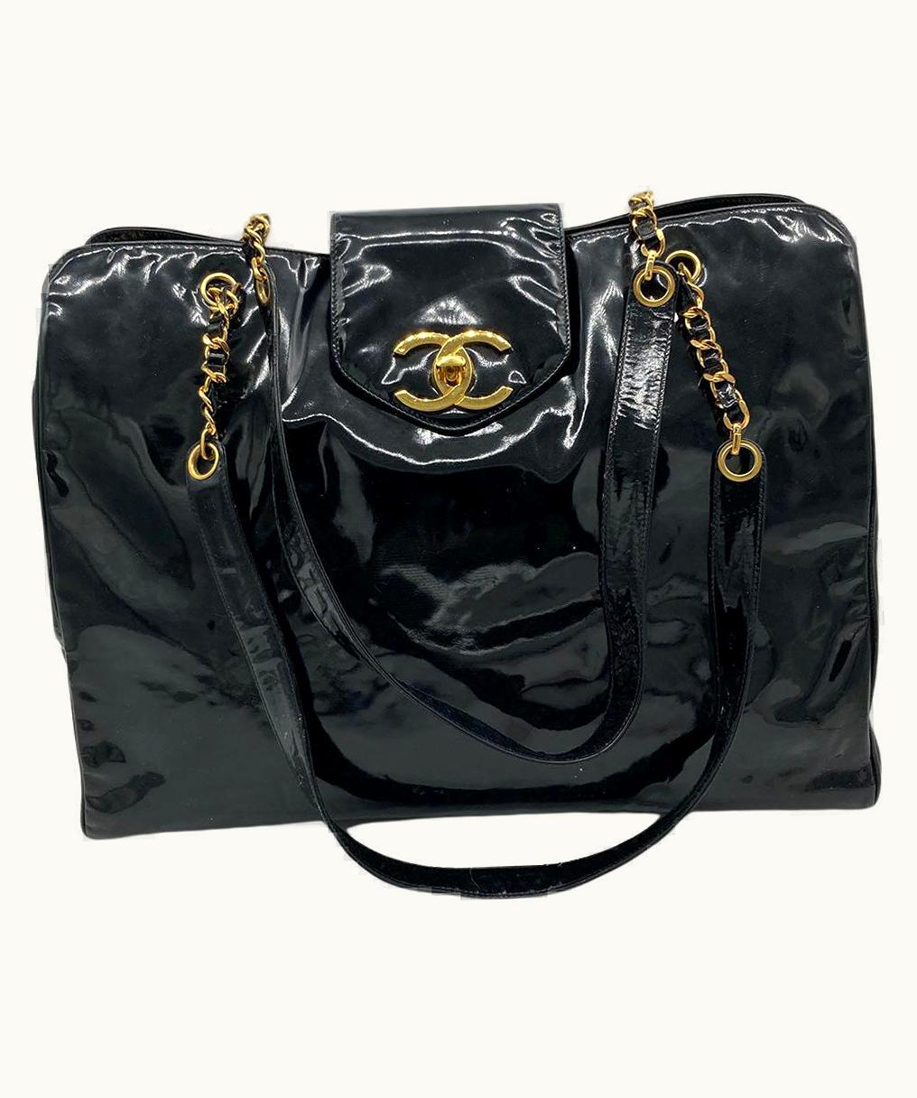 Chanel Vintage Chanel Black Patent Xl Weekender Super Model Tote