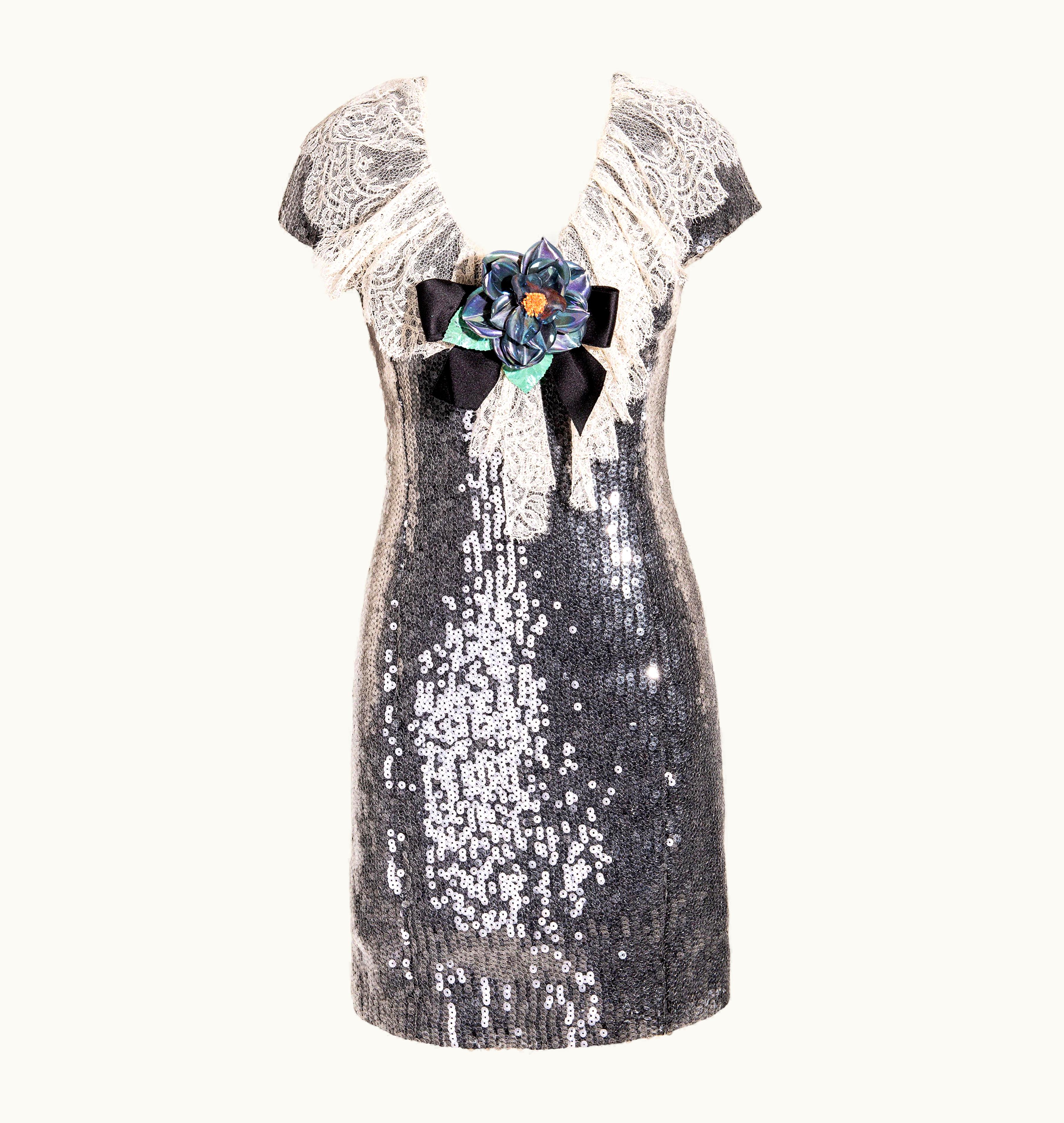 Chanel AW 1994 Chanel Sequin Dress With Iridescent Camellia Brooch