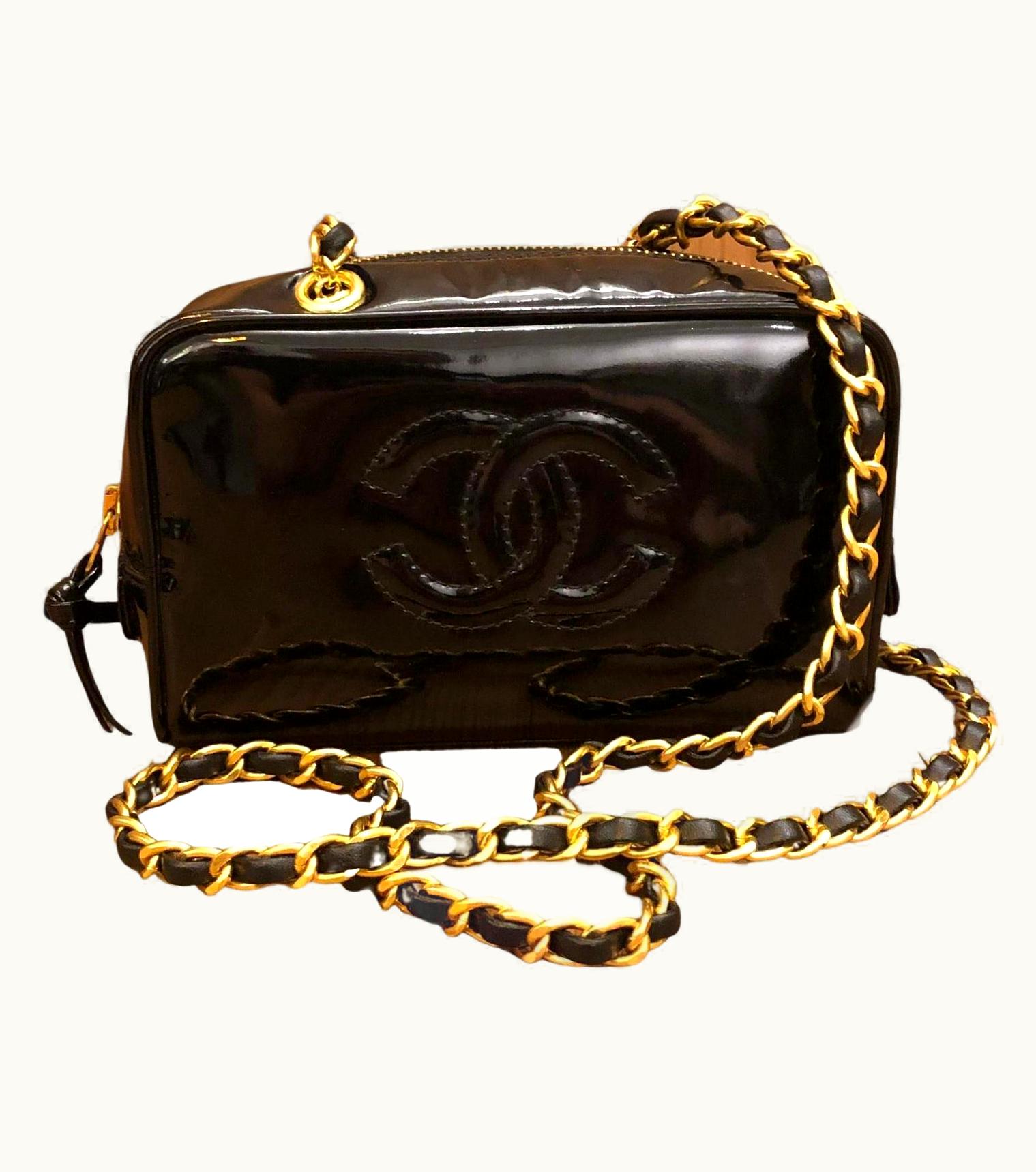 Chanel Vintage Chanel Black Patent Leather Cosmetic Pouch Clutch Bag (Altered)