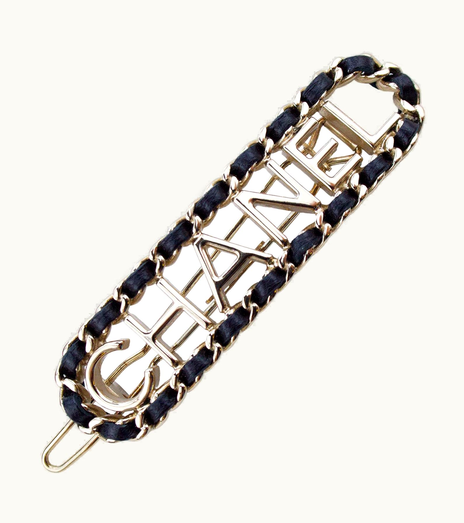 Chanel 1990s Chanel Silver Metal And Black Leather Hair Barrette