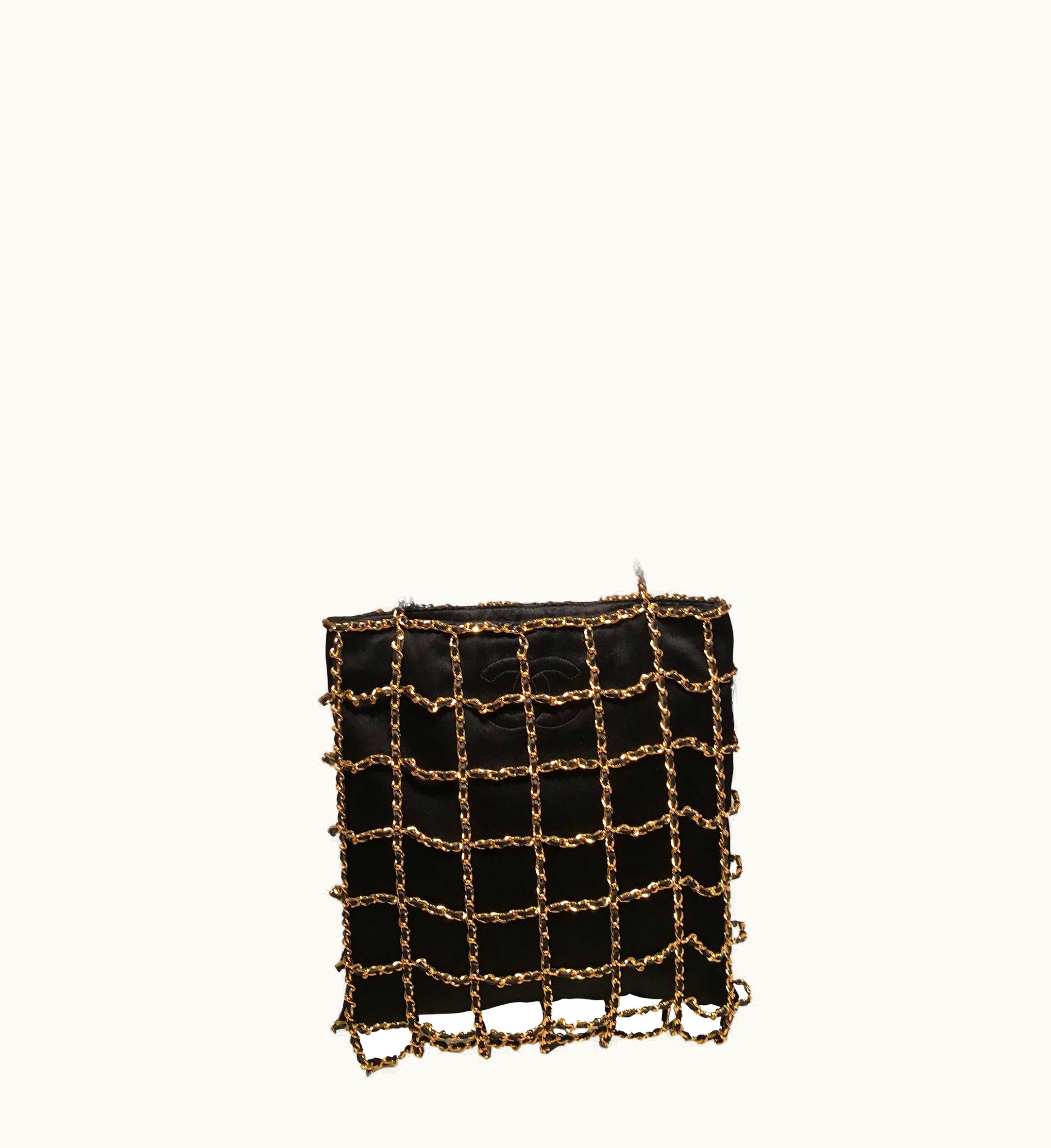 Chanel Rare Chanel Vintage Black Silk Chain Cage Evening Bag