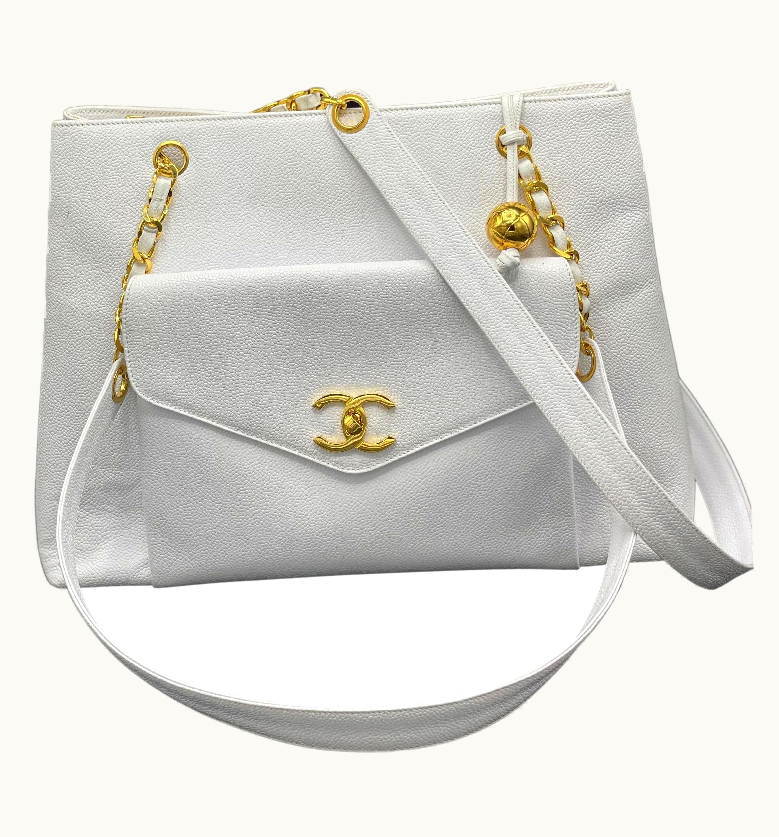 Chanel Chanel White Caviar Leather Front Pocket Tote Bag