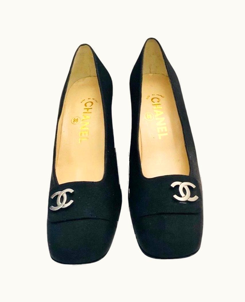Chanel Unworn Chanel Cc Black Silk Square Toes Heels