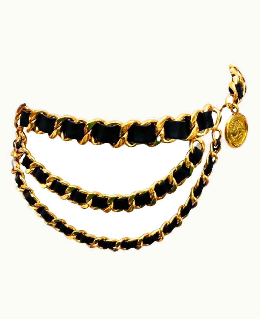 Chanel Chanel Black Lambskin Leather Gold Hardware Chain Medallion Belt