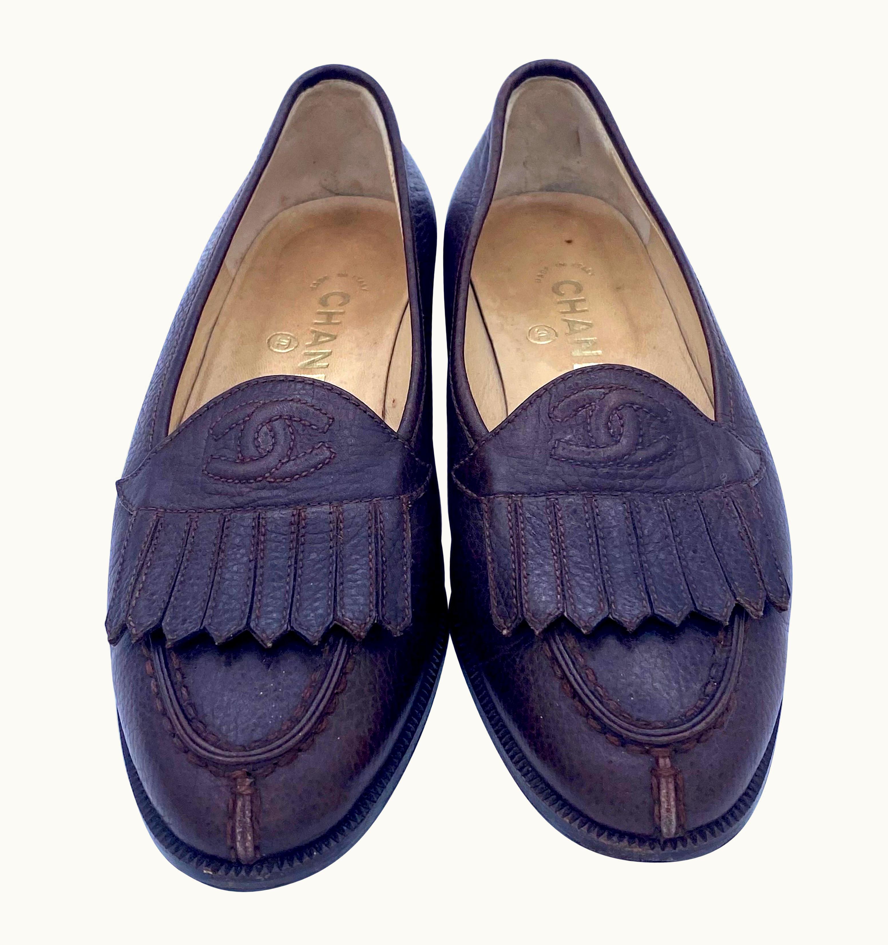 Chanel Vintage Chanel Brown Leather Fringed Loarfers Cc Logo-36