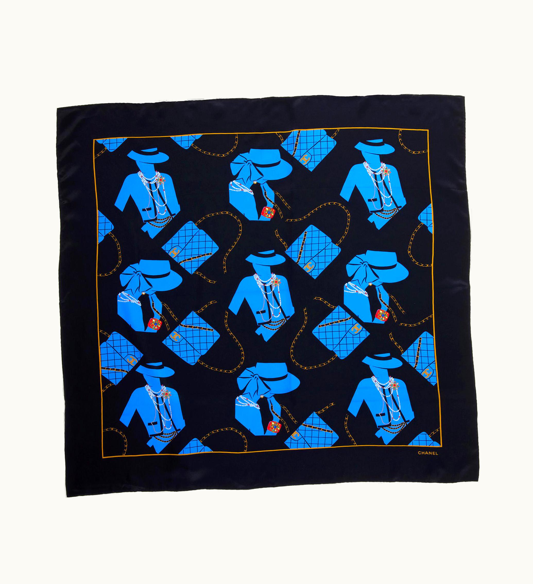 Chanel Chanel Black & Blue Silk Vintage Flap Bag Motif Scarf