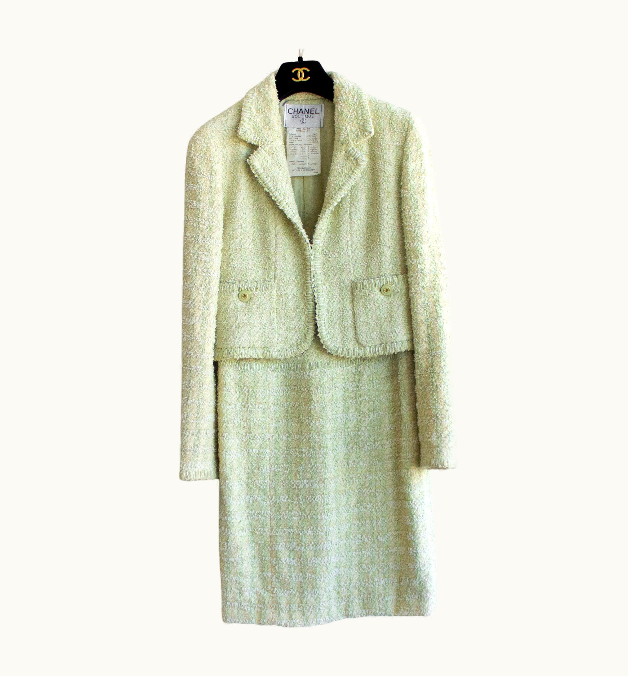 Chanel Chanel Vintage Spring 1994 Green Yellow White Tweed 94p Jacket Skirt Suit