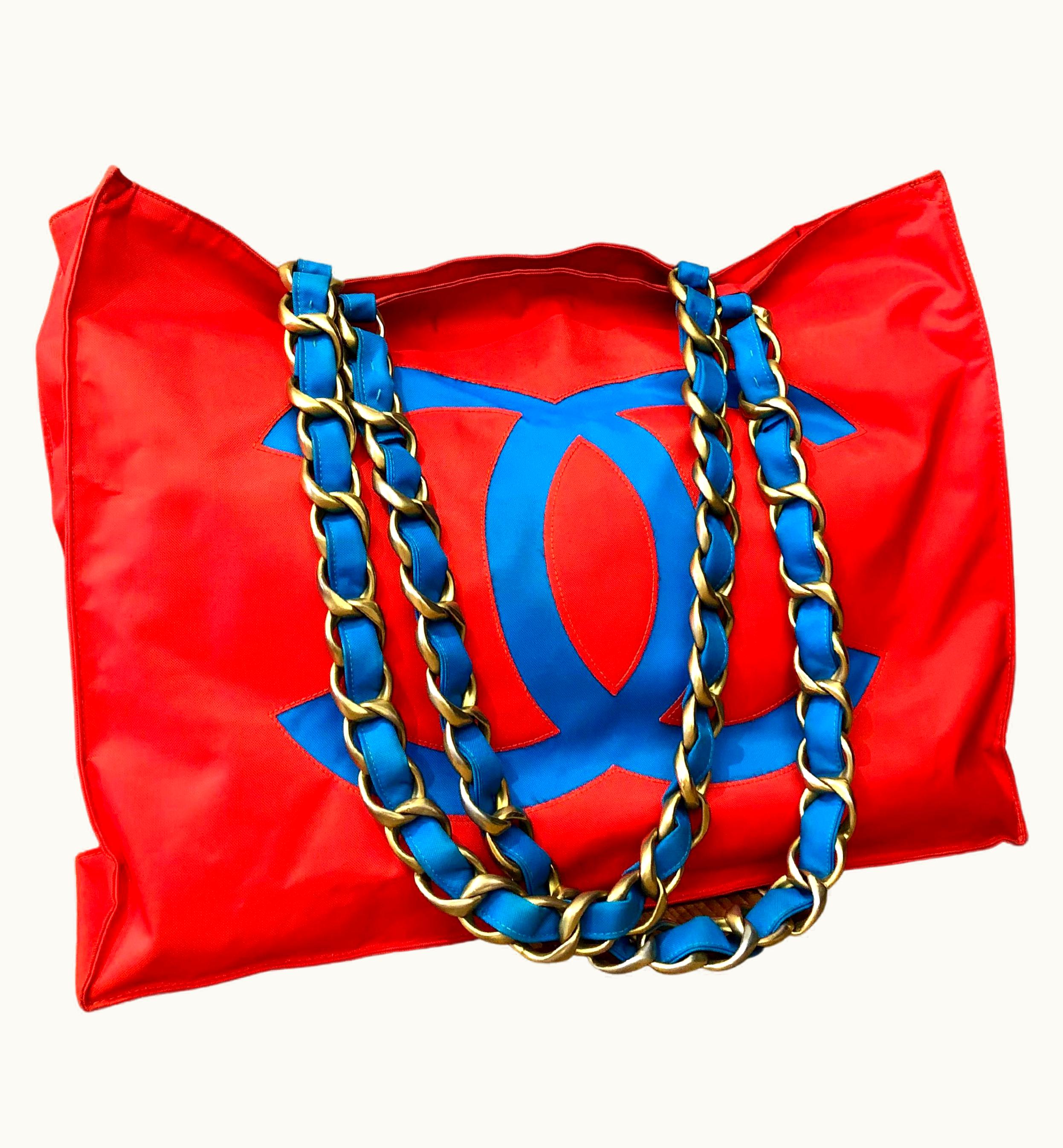 Chanel 1990s Vintage Chanel Jumbo Nylon Chain Tote Red Turquoise