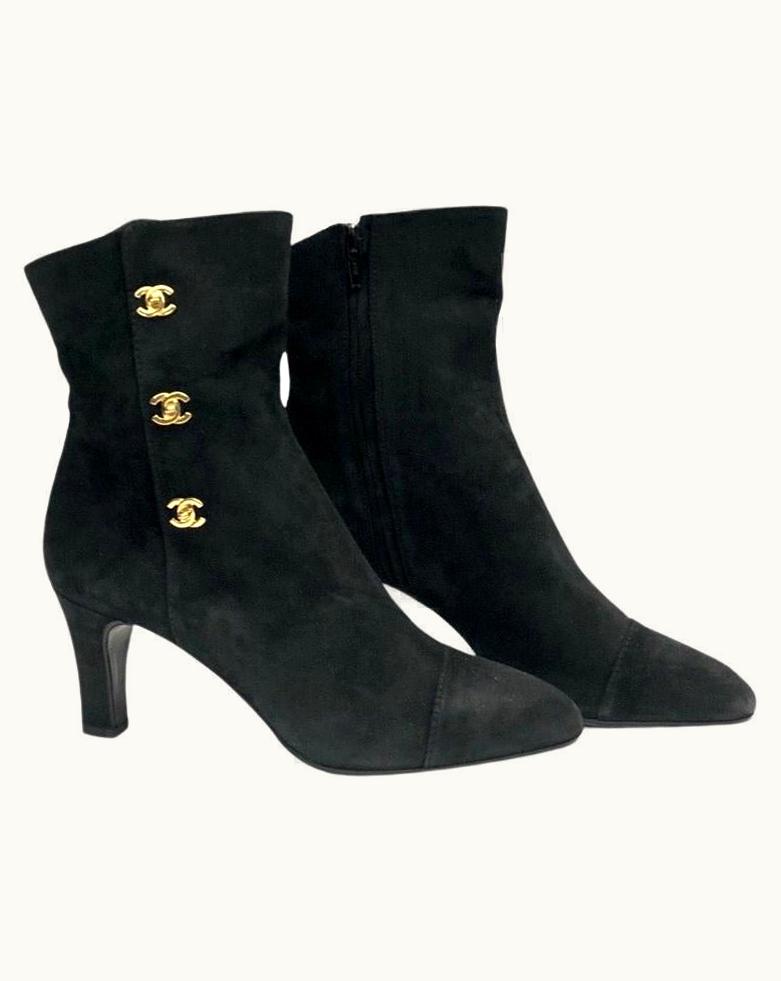 Chanel Unworn Chanel Classic Black Suede Gold Cc Ankle Boots