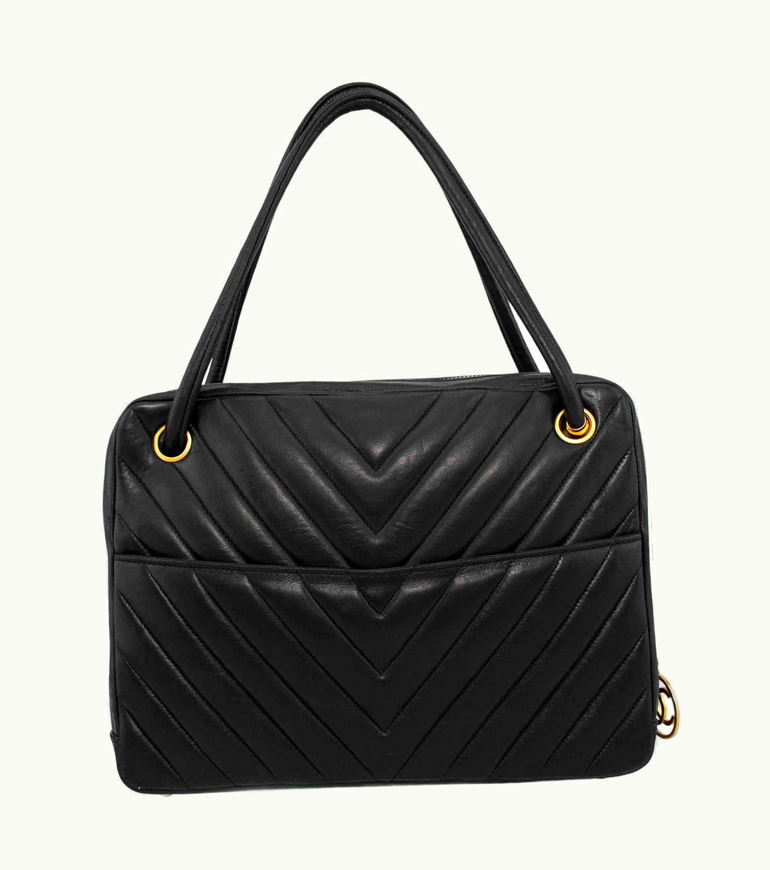 Chanel 1990s Chanel Black Lambskin Leather Chevron Large Camera Bag