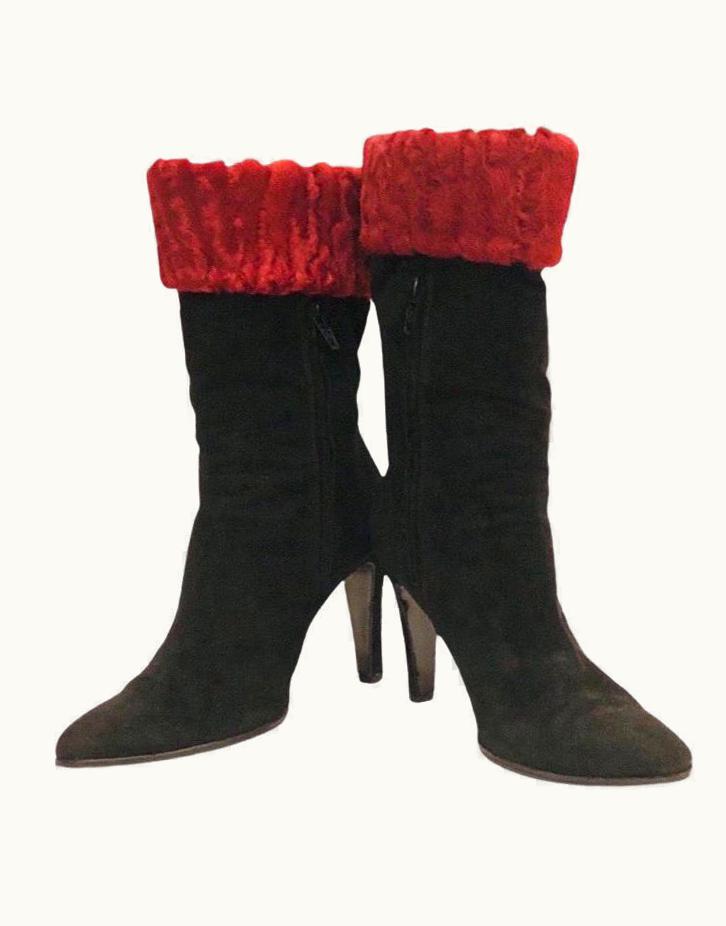 Chanel Chanel Black Suede With Red Fur Trim Ankle Boots