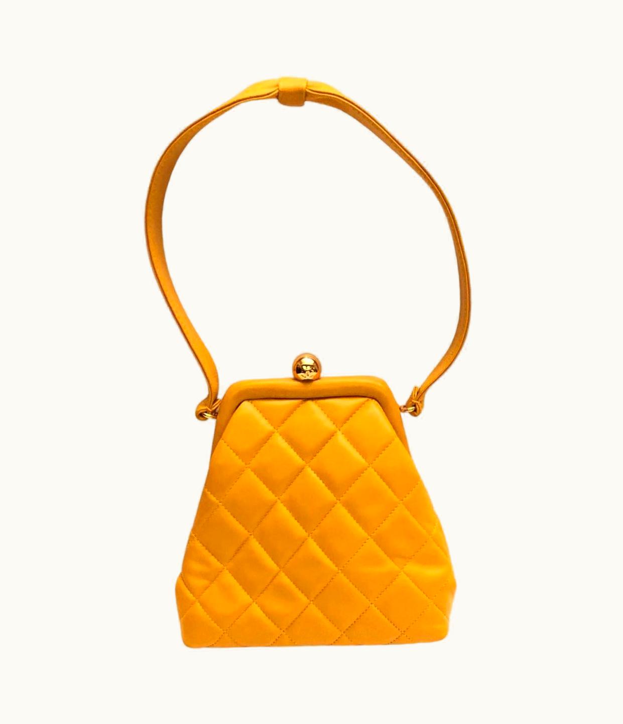 Chanel Chanel Mustard Yellow Quilted Lambskin Kiss-Lock Purse Handbag