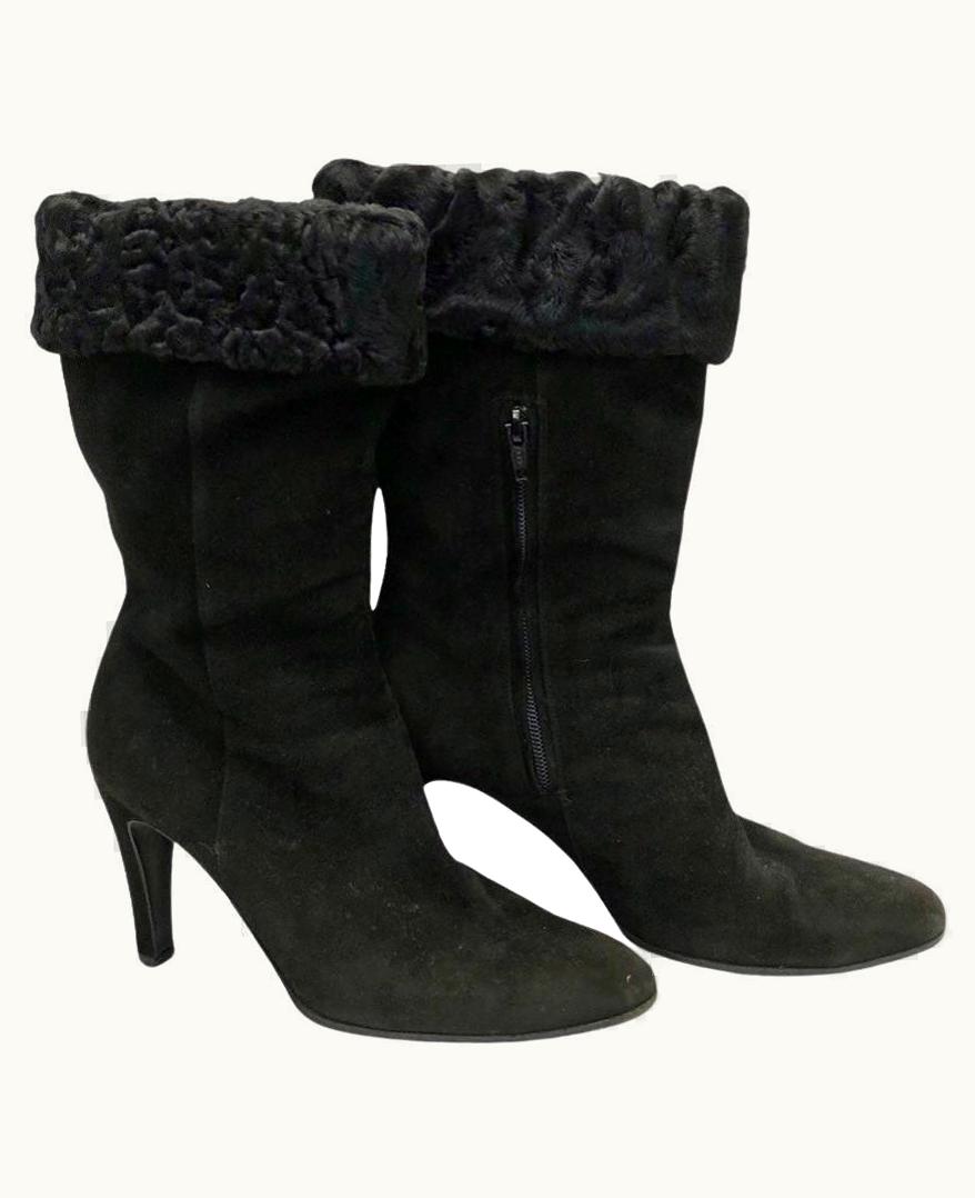Chanel Chanel Black Suede Ankle Boots With Black Fur Trim