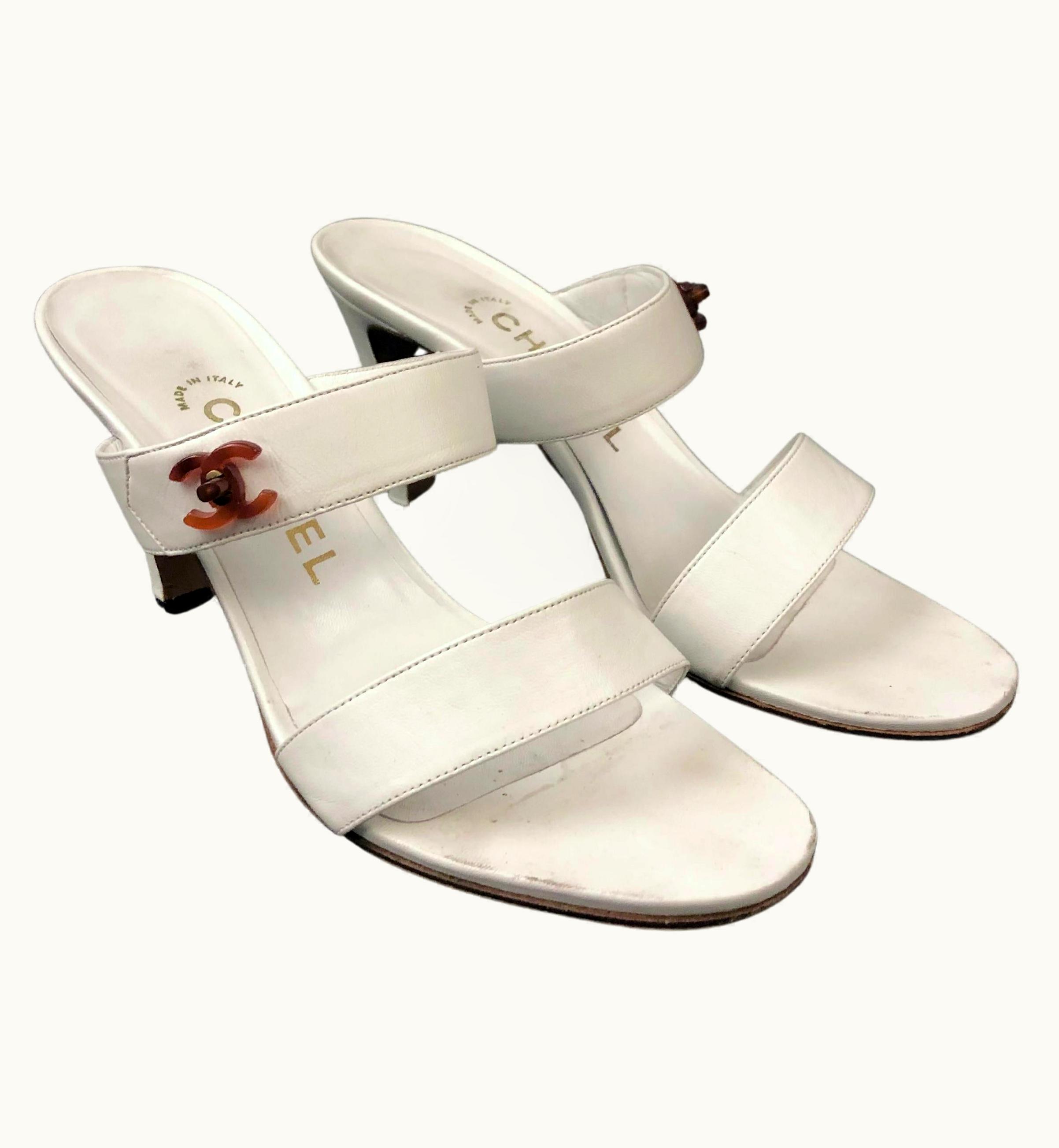 Chanel Vintage 90s Chanel White Lambskin Cc Tortoiseshell Sandal Heels