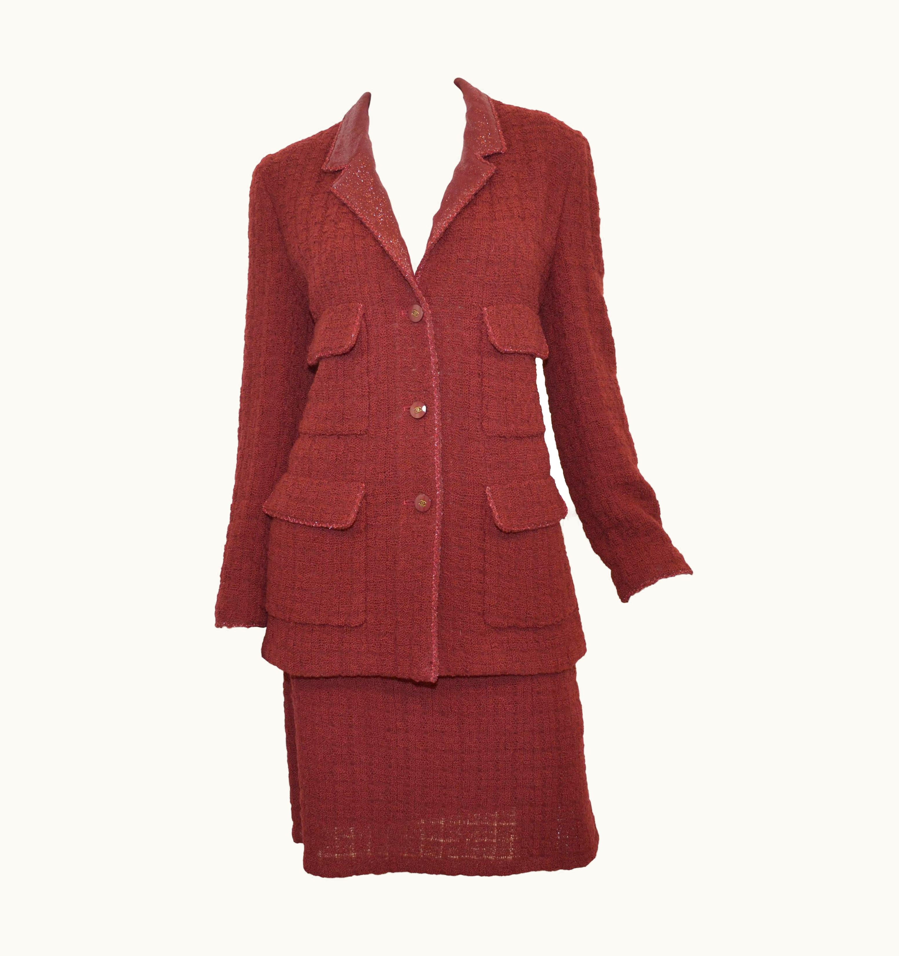 Chanel 1998 A Chanel Maroon Knit Skirt With Jacket Set