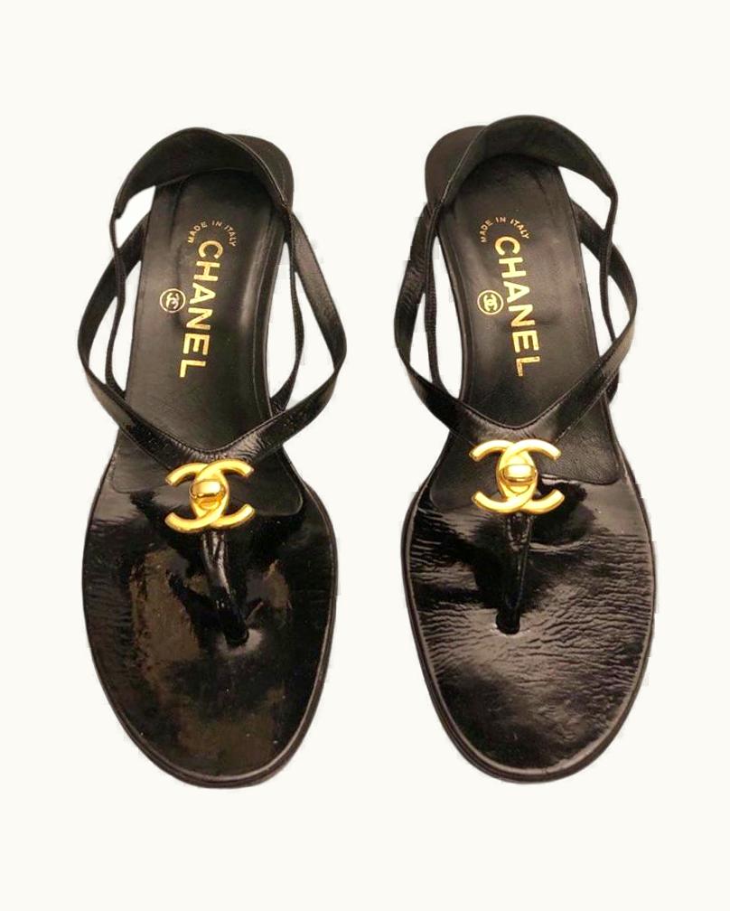 Chanel Chanel Gold Hardware Cc Black Patent Leather Sandals Heels