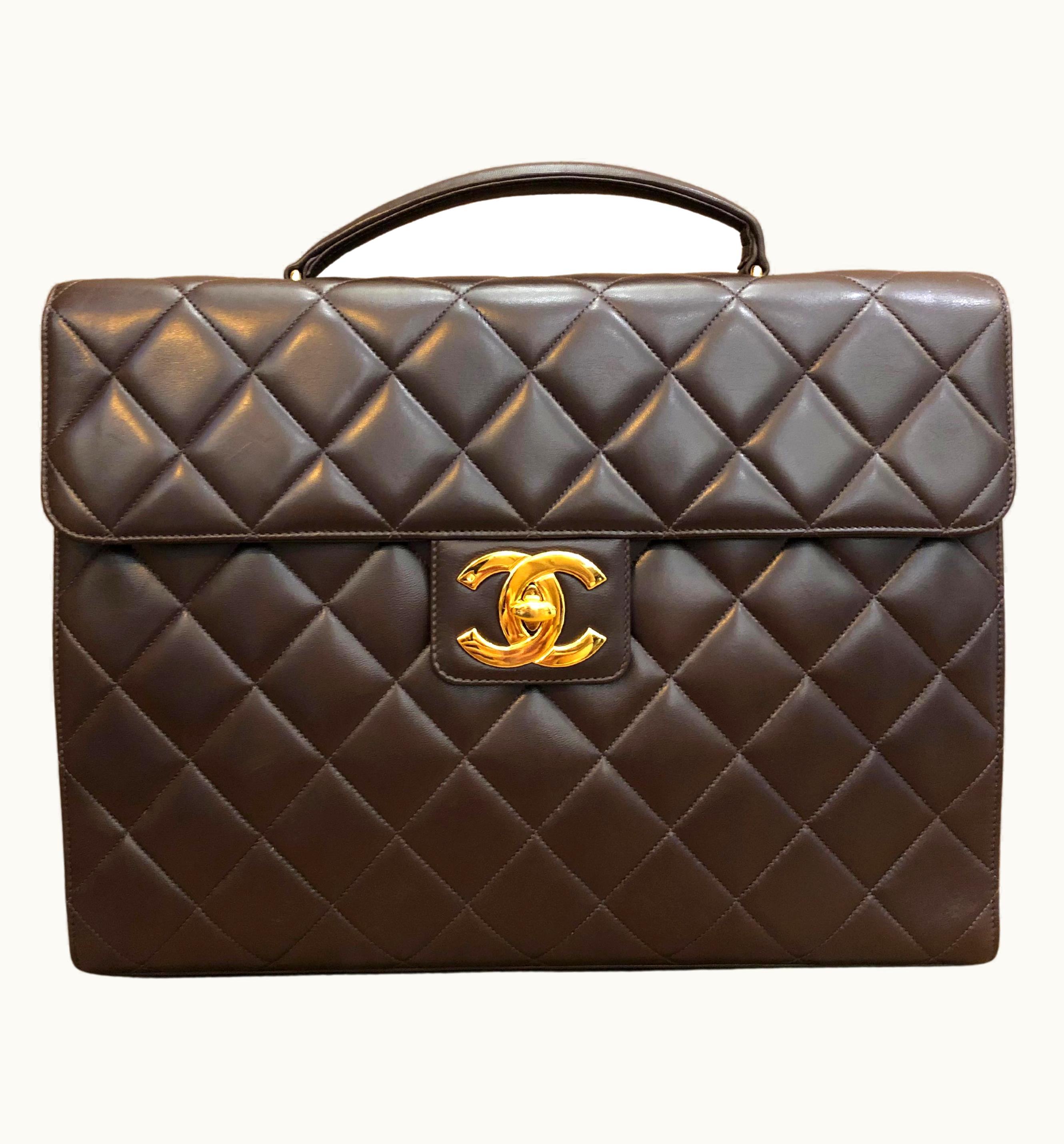 Chanel Vintage Chanel Lambskin Jumbo Logo Briefcase Attaché Document Bag Brown