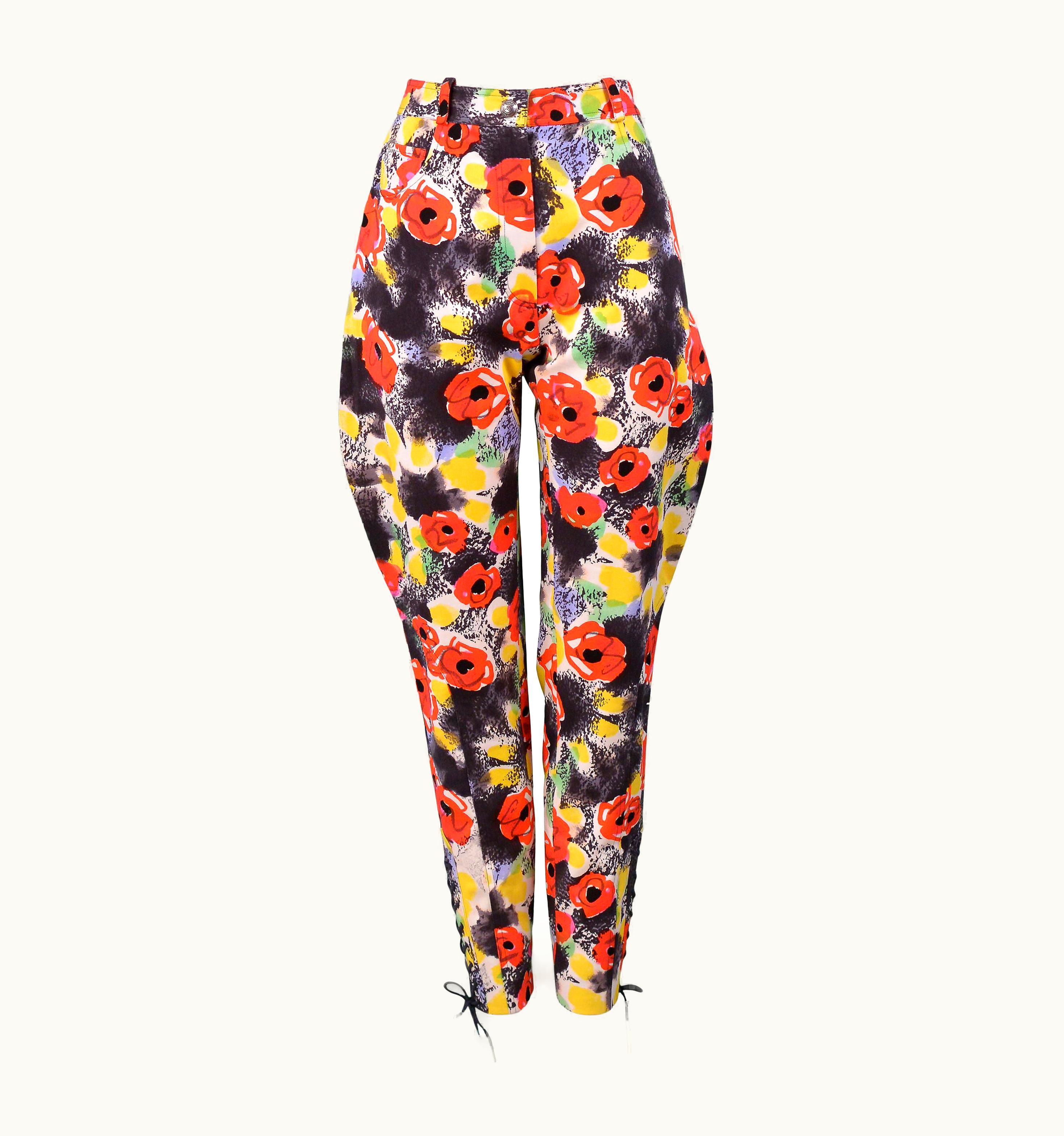 Chanel Vintage Chanel Red & Black Floral Jodhpurs Capri Pants 1997