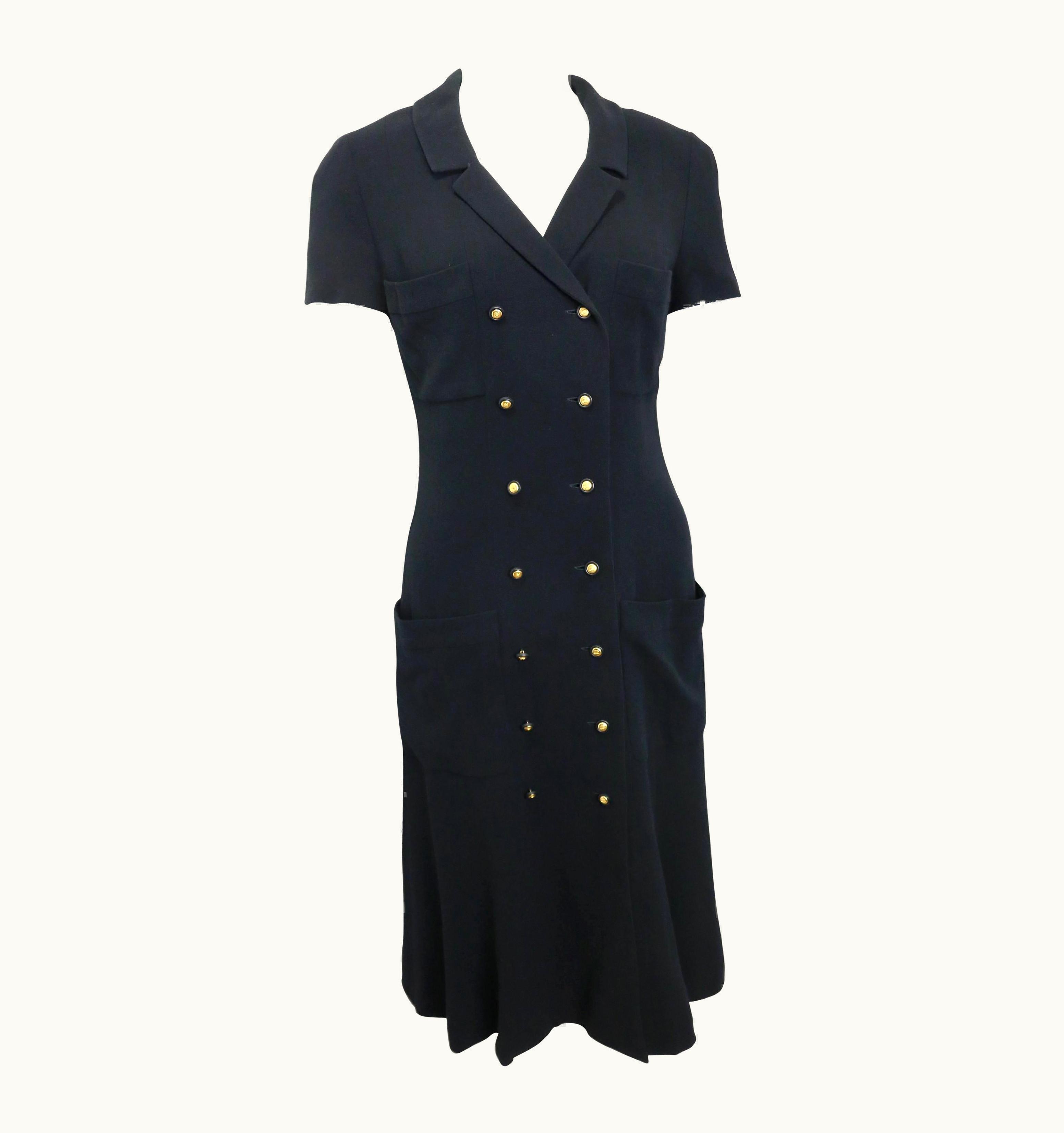 Chanel Chanel Black Wool Short Sleeves Double Breasted Long Dress