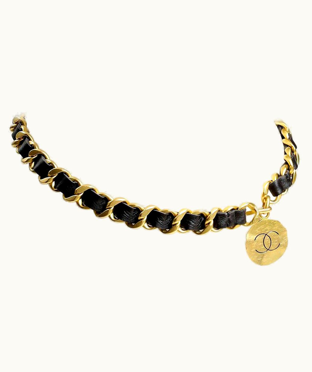 Chanel Chanel Black Leather And Gold Chain Medallion Belt Necklace